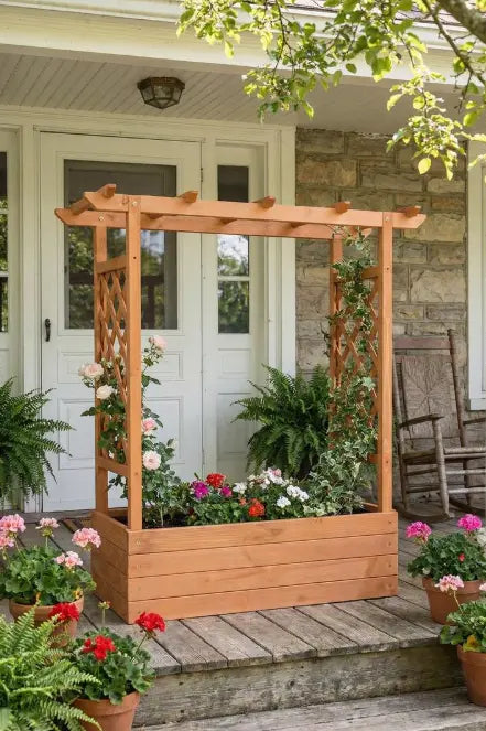 Raised Wooden Planter Box with Tall Trellis for Climbing Plants 2Dropme