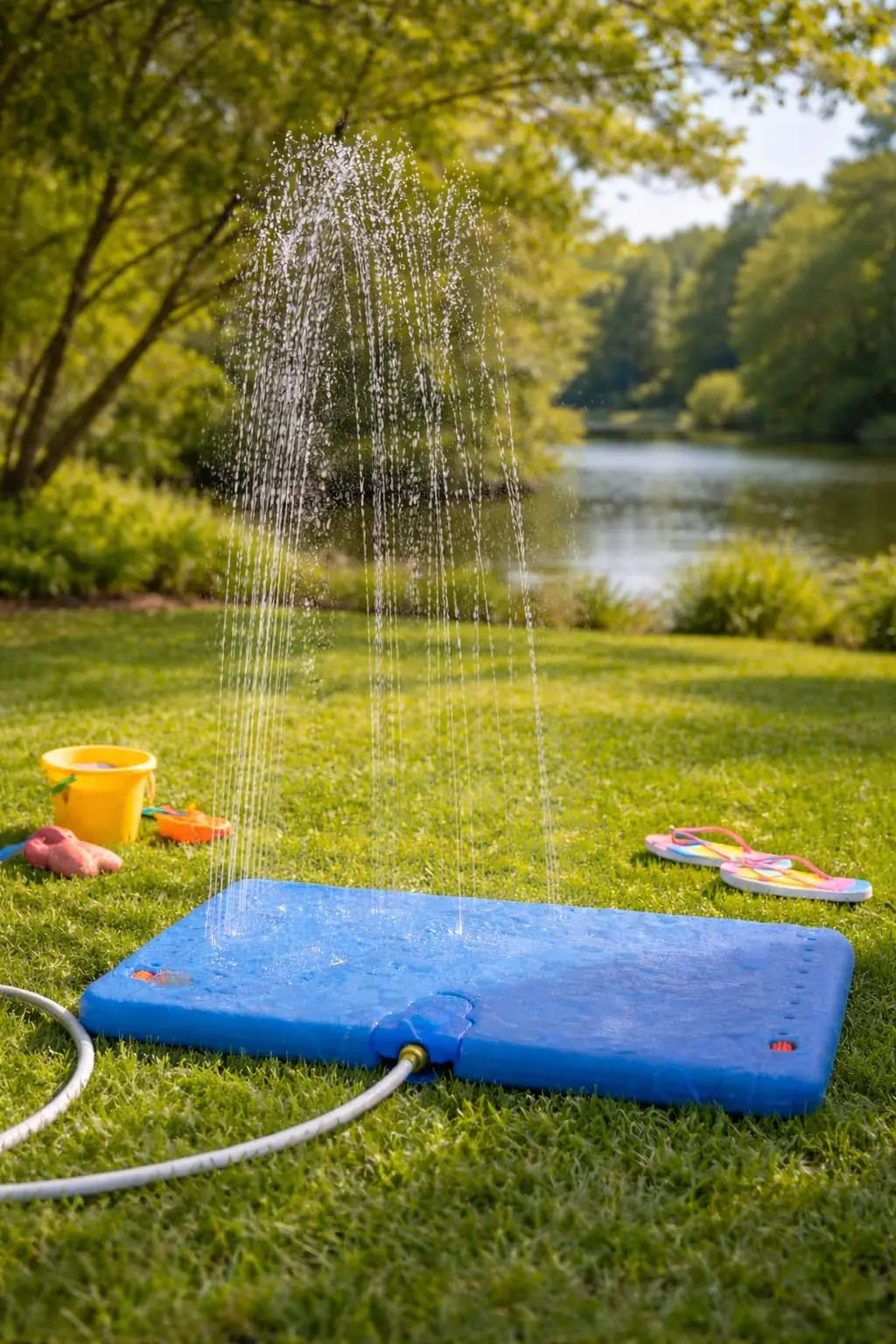 Sunneday Splash Pad & Water Sprinkler | Summer Backyard | Blue Plastic Oscillating Splash Pad Sunneday