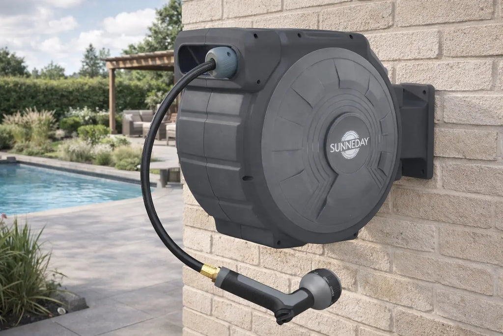 Sunneday TW-30B 100ft Retractable Hose Reel 5/8 | Automatic Retractable w/Wall Mount | Easy to Assemble Reel w/Flexible Swivel Mount (100 5/8) Sunneday
