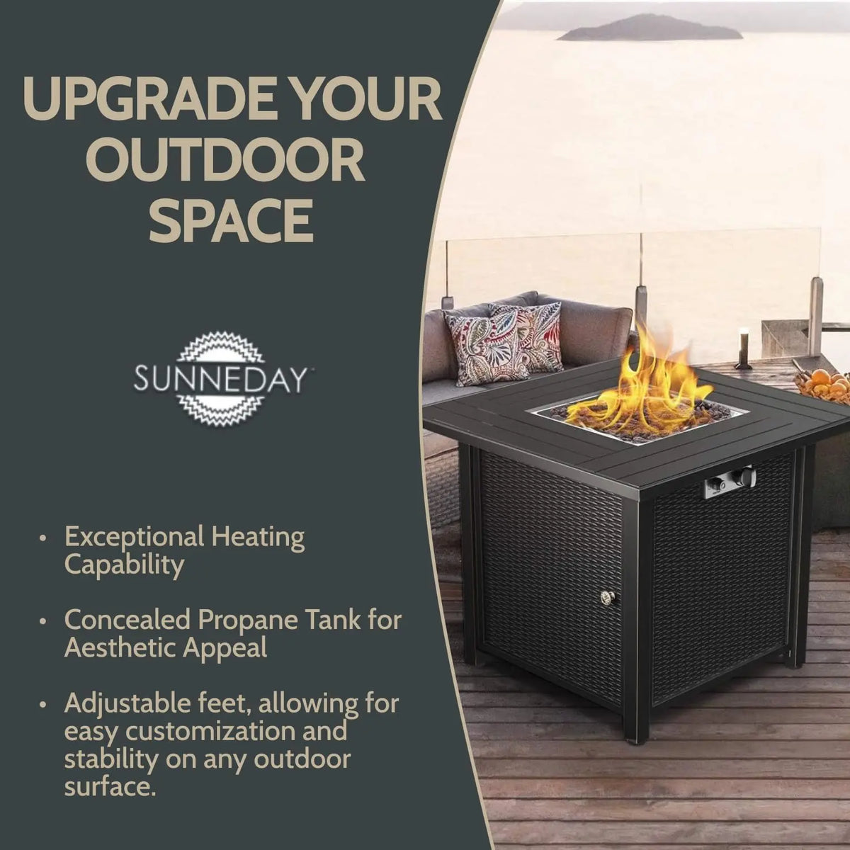 Propane Gas Fire Pit Table 30" | Outdoor Propane Fire Pit Tables for Outside Patio 50000 BTU | CSA Approved Rectangular Fire Pit Table | Balcony, Backyard & Garden Outdoor Firepit Table Sunneday