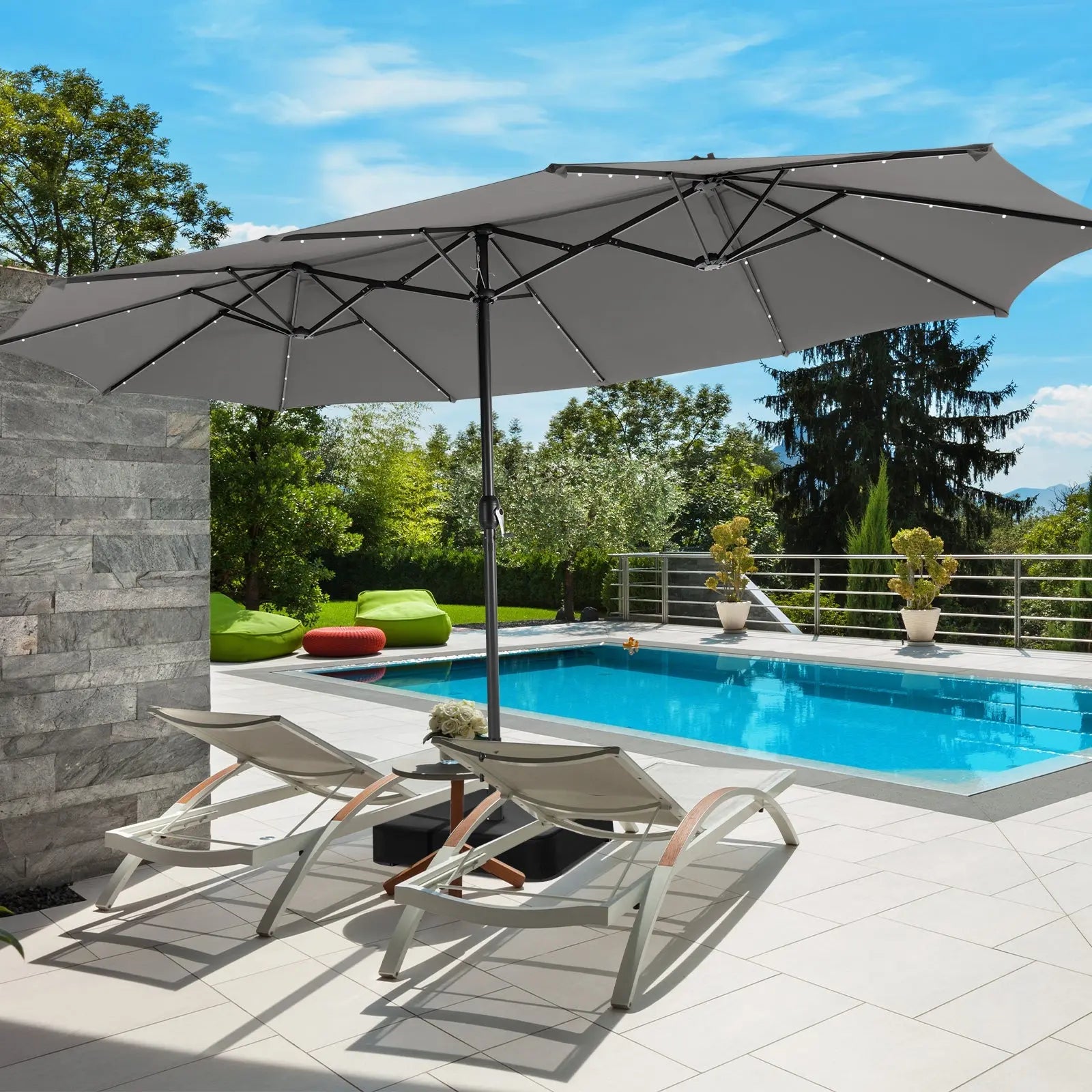 15 Feet Double-Sided Patio Umbrella with 48 LED Lights-Gray DirectDeals
