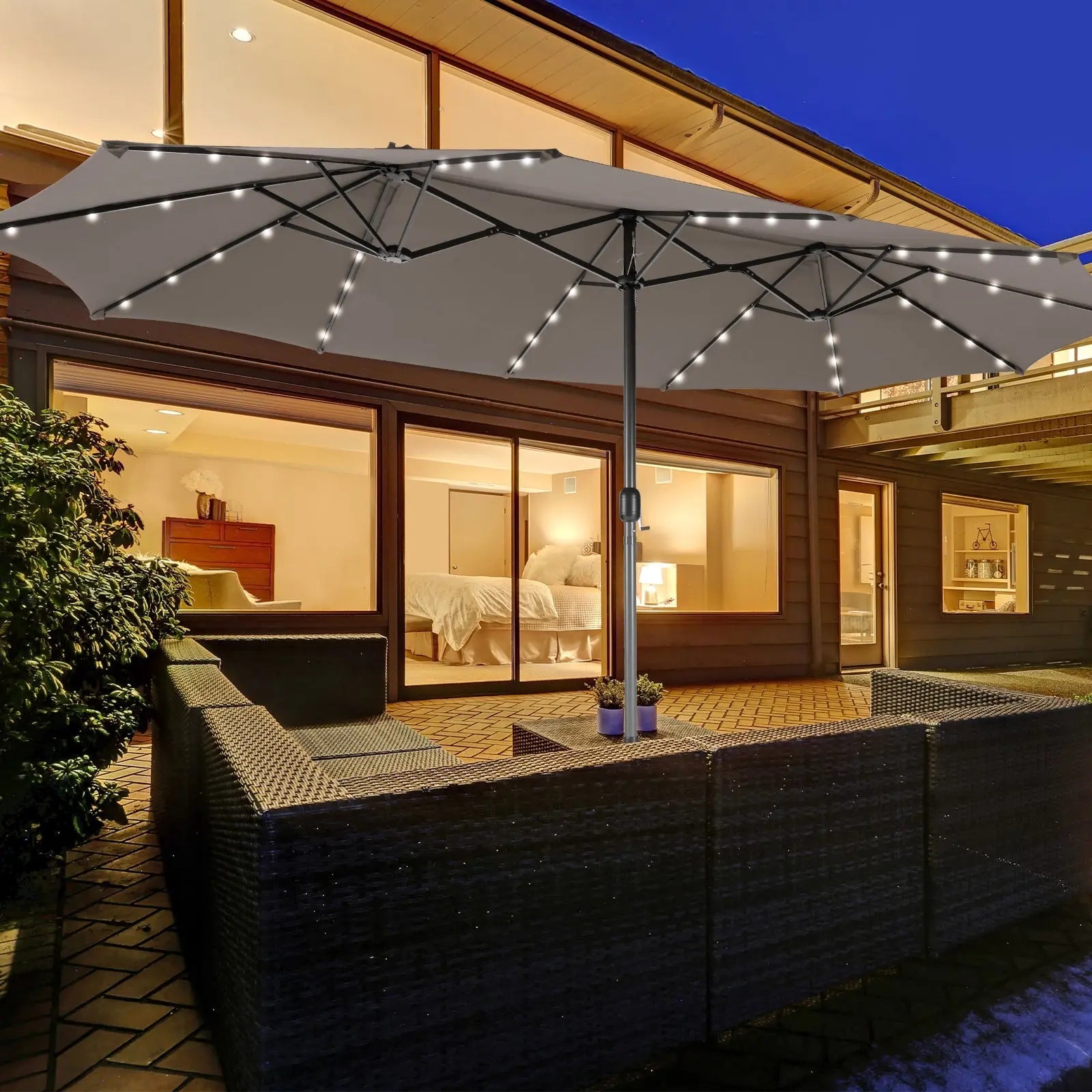 15 Feet Double-Sided Patio Umbrella with 48 LED Lights-Gray DirectDeals