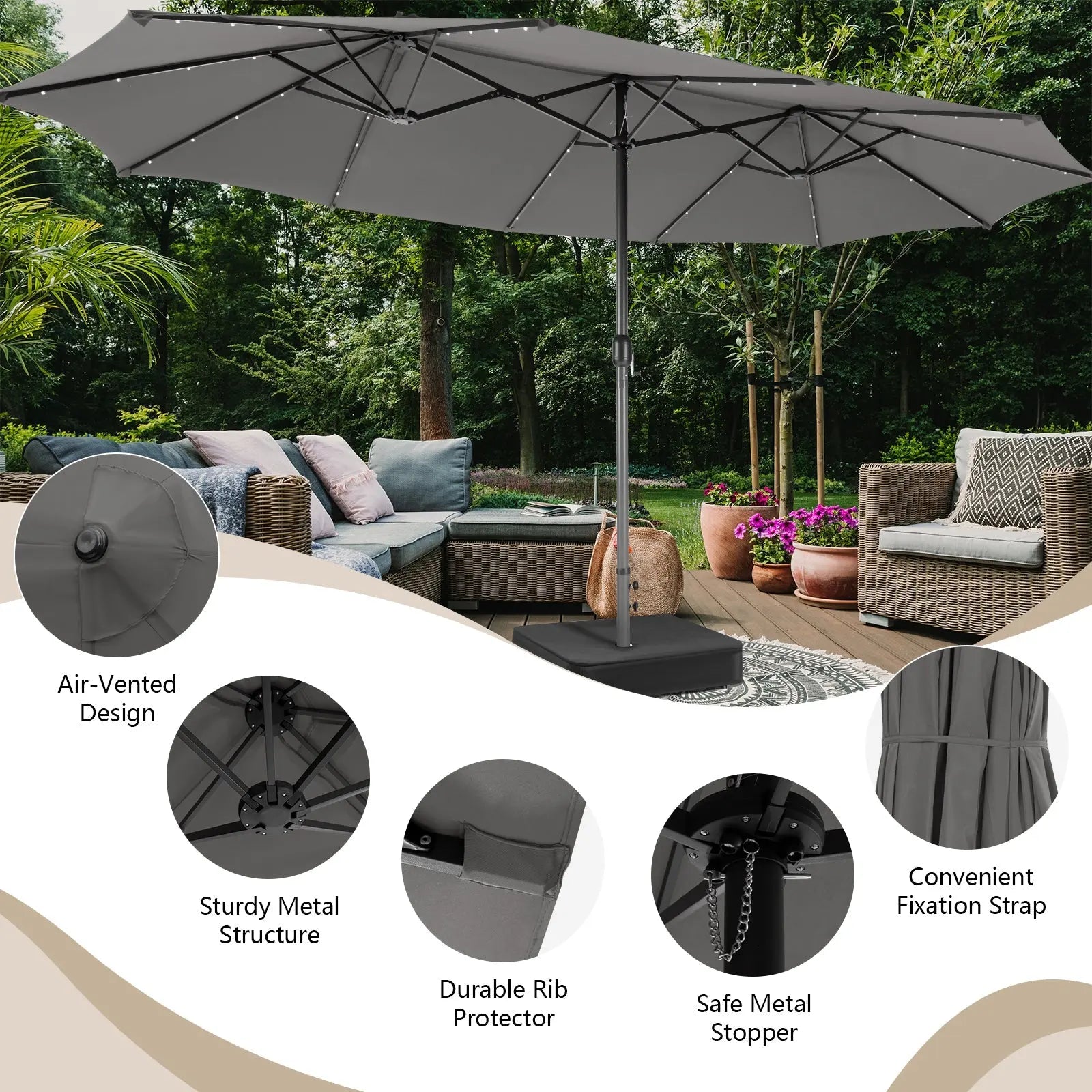 15 Feet Double-Sided Patio Umbrella with 48 LED Lights-Gray DirectDeals