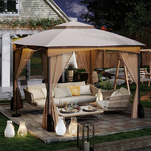 10 X 10 FT Heavy-Duty Patio Gazebo with Netting Walls and 4 Sandbags-Khaki DirectDeals