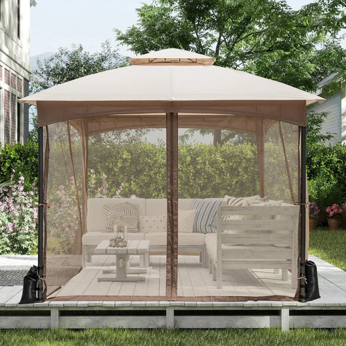 10 X 10 FT Heavy-Duty Patio Gazebo with Netting Walls and 4 Sandbags-Khaki DirectDeals