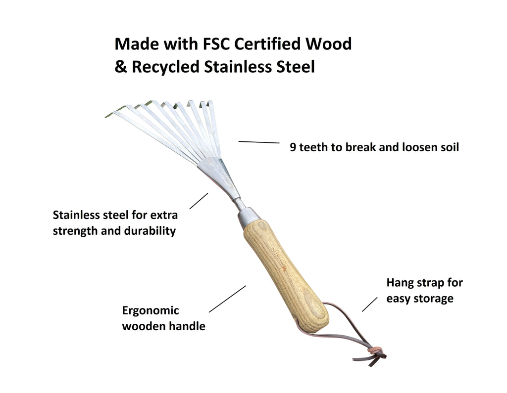 Stainless Steel Garden Hand Rake (classic wood handle) Garden Guru