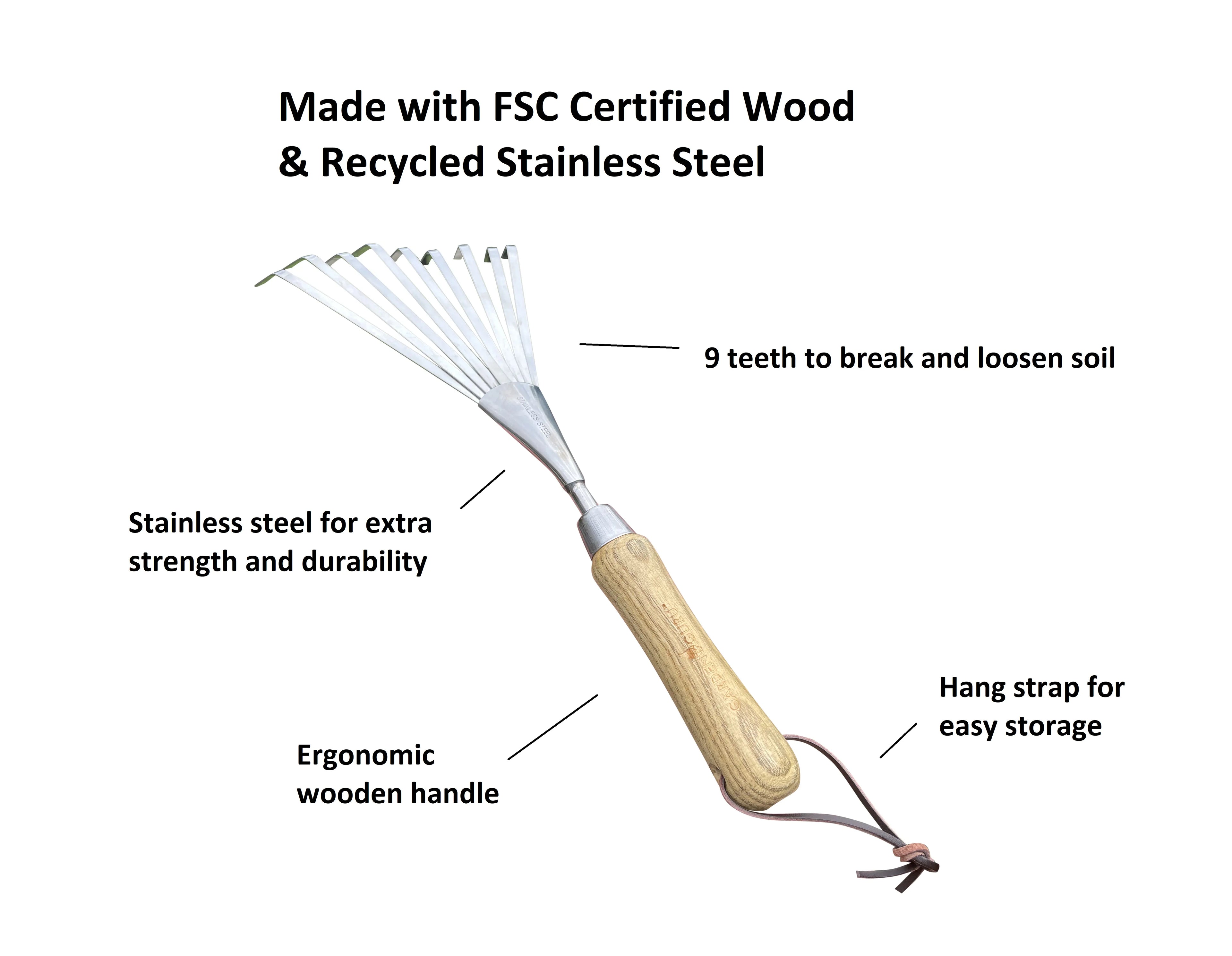 Stainless Steel Garden Hand Rake (classic wood handle) Garden Guru