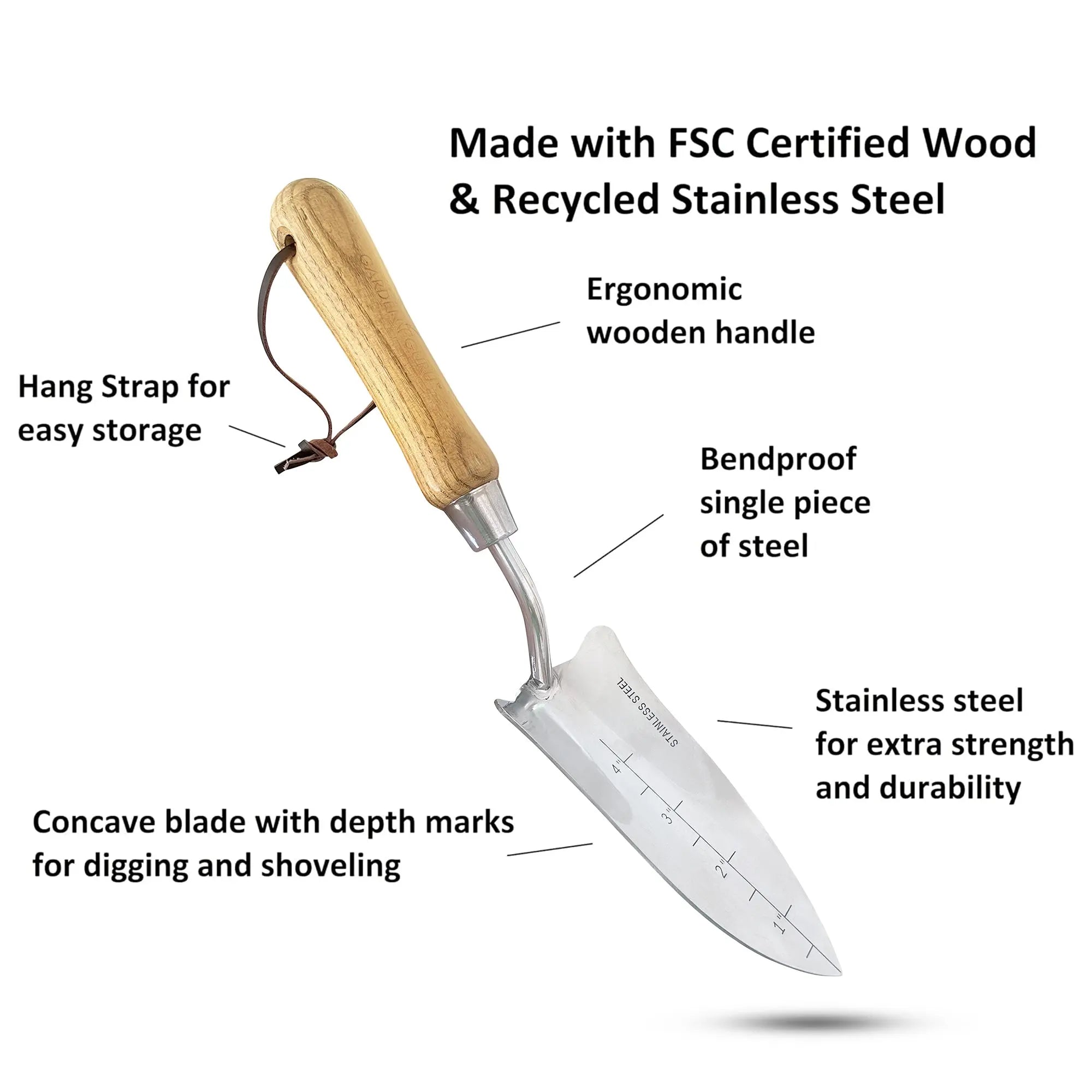 Stainless Steel Transplanter Trowel (classic wood handle) Garden Guru