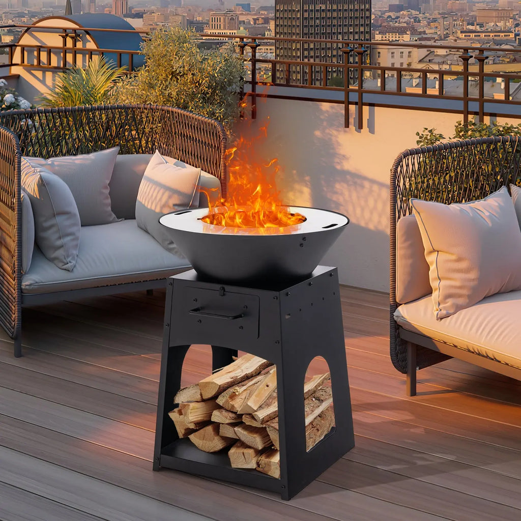 Patio Fire Pit with Firewood Log Rack with Grill and Ash Box-Black DirectDeals
