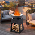 Patio Fire Pit with Firewood Log Rack with Grill and Ash Box-Black DirectDeals