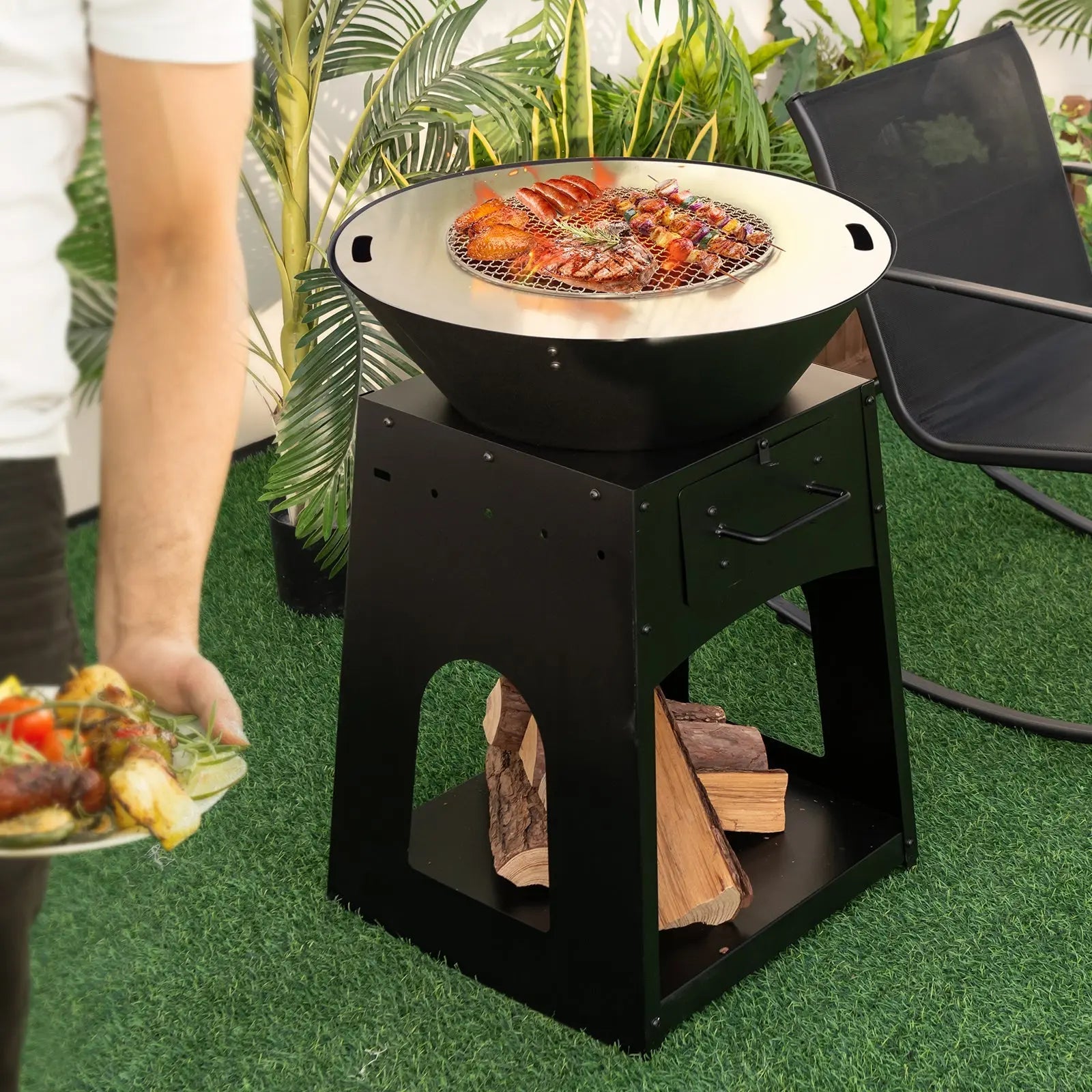 Patio Fire Pit with Firewood Log Rack with Grill and Ash Box-Black DirectDeals