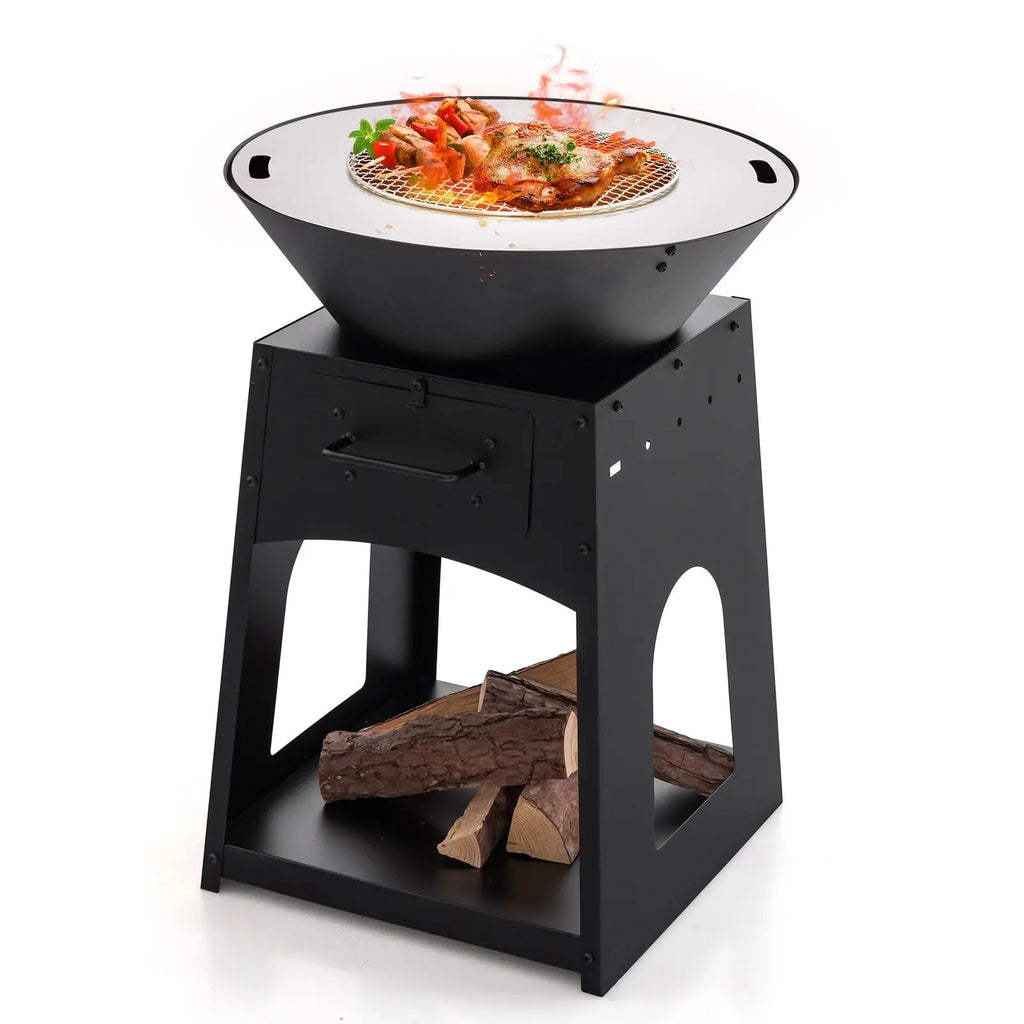 Patio Fire Pit with Firewood Log Rack with Grill and Ash Box-Black DirectDeals