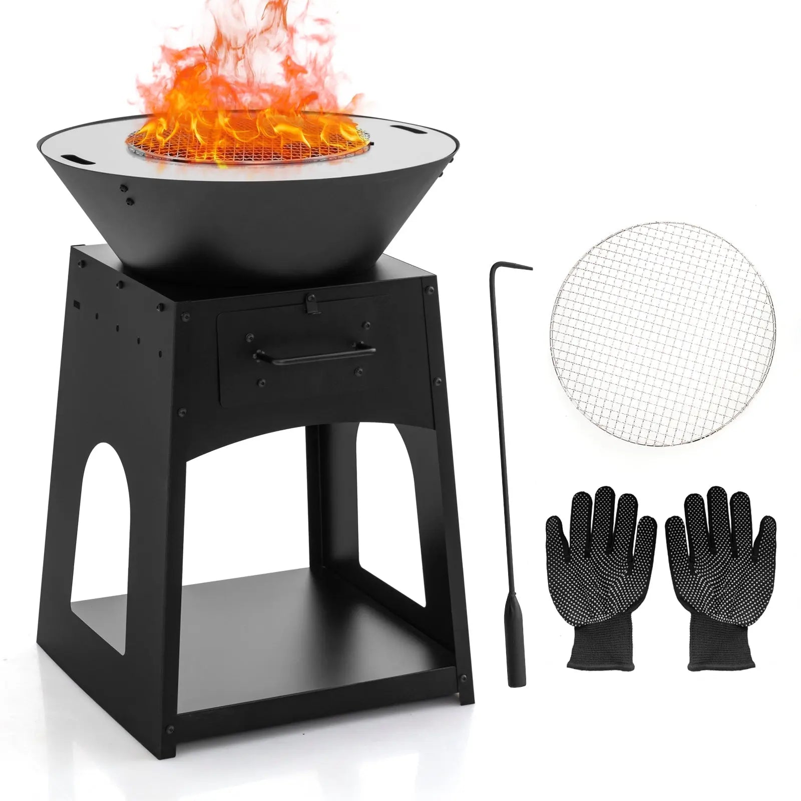 Patio Fire Pit with Firewood Log Rack with Grill and Ash Box-Black DirectDeals