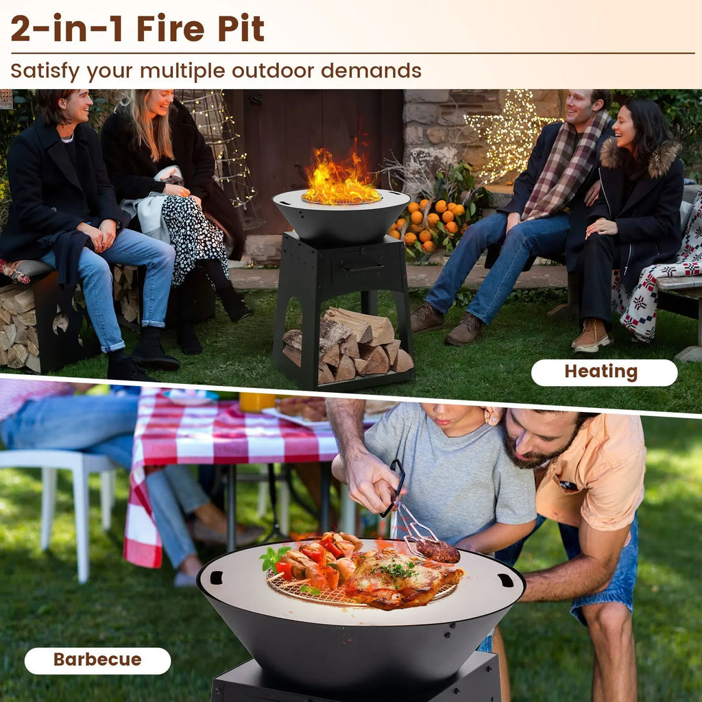 Patio Fire Pit with Firewood Log Rack with Grill and Ash Box-Black DirectDeals