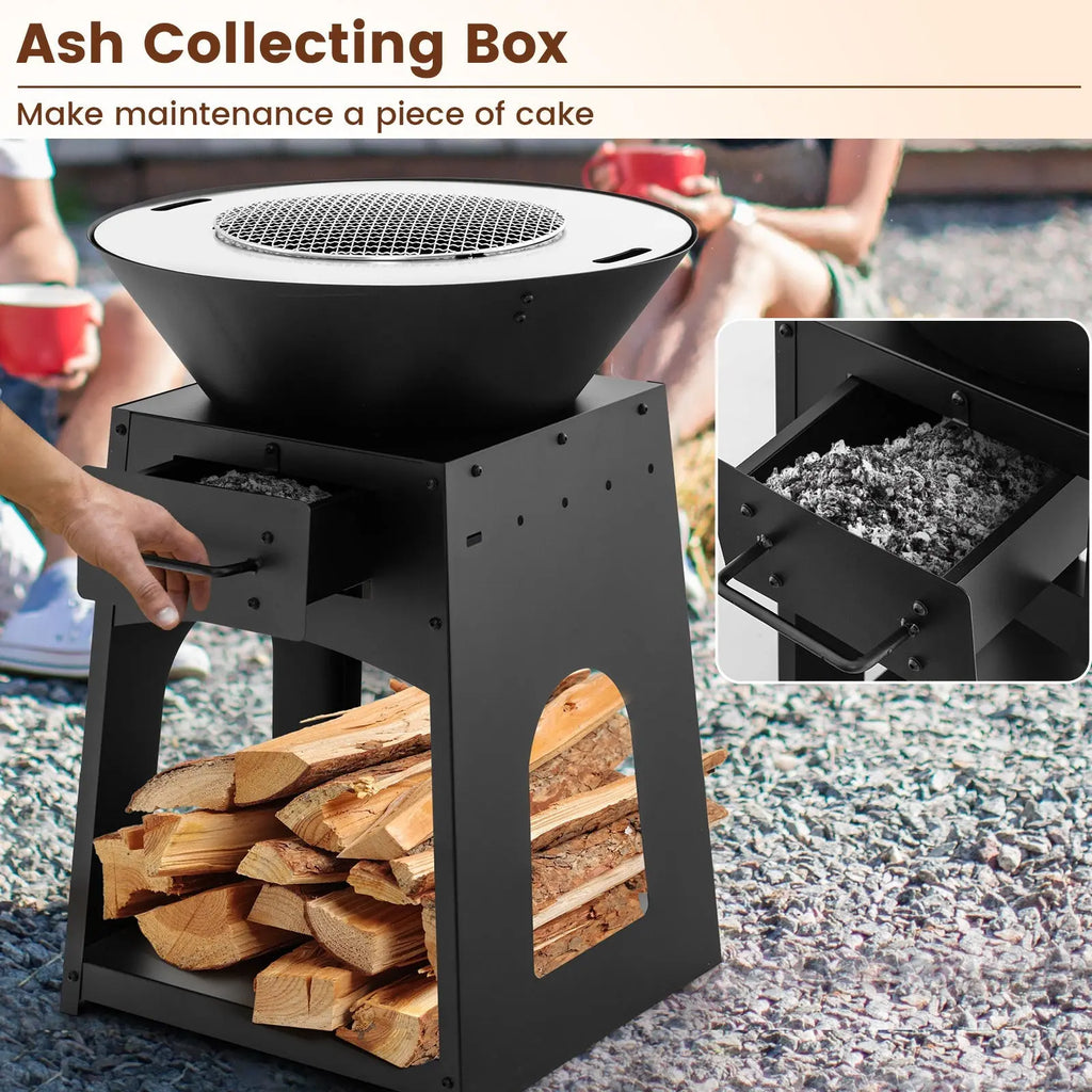 Patio Fire Pit with Firewood Log Rack with Grill and Ash Box-Black DirectDeals