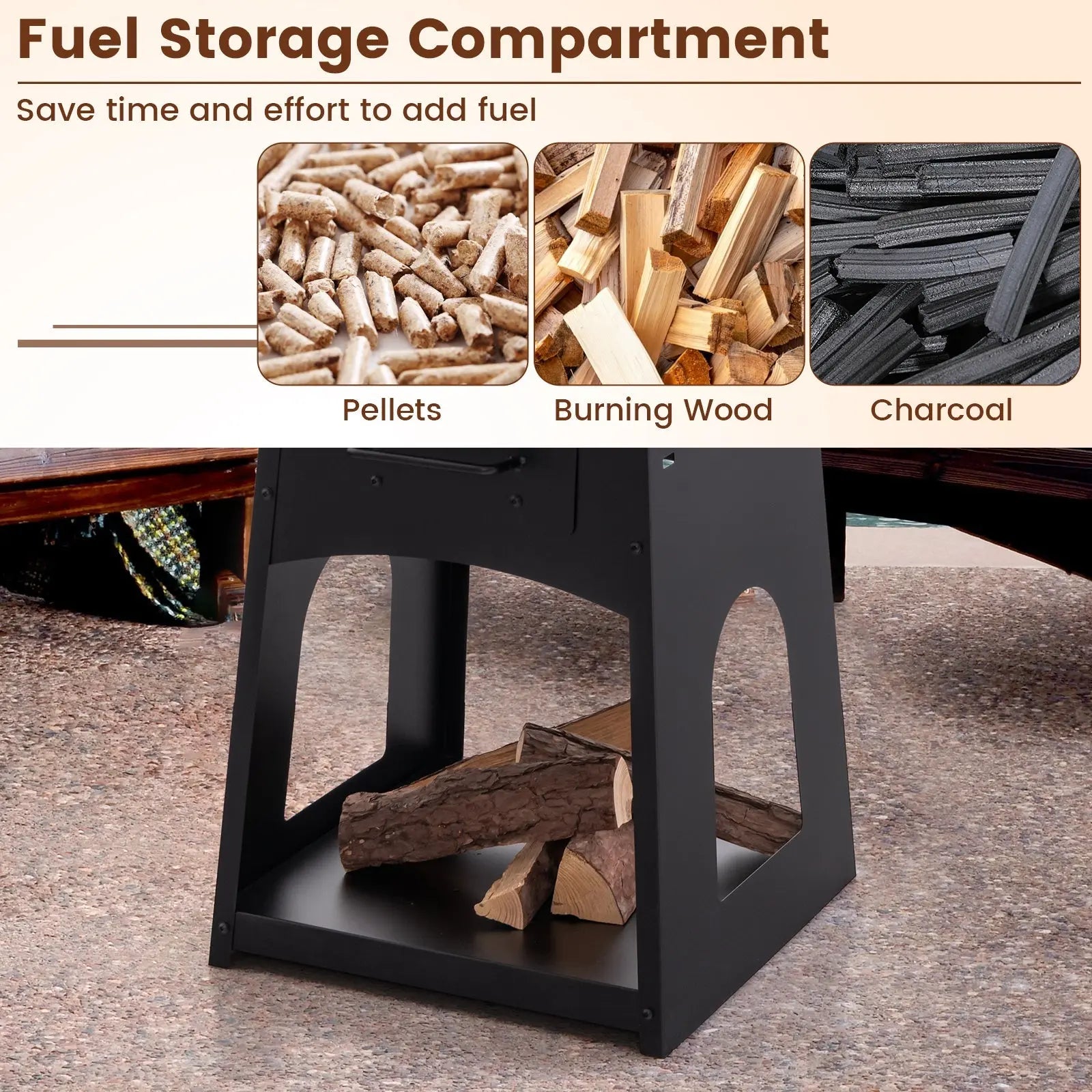 Patio Fire Pit with Firewood Log Rack with Grill and Ash Box-Black DirectDeals