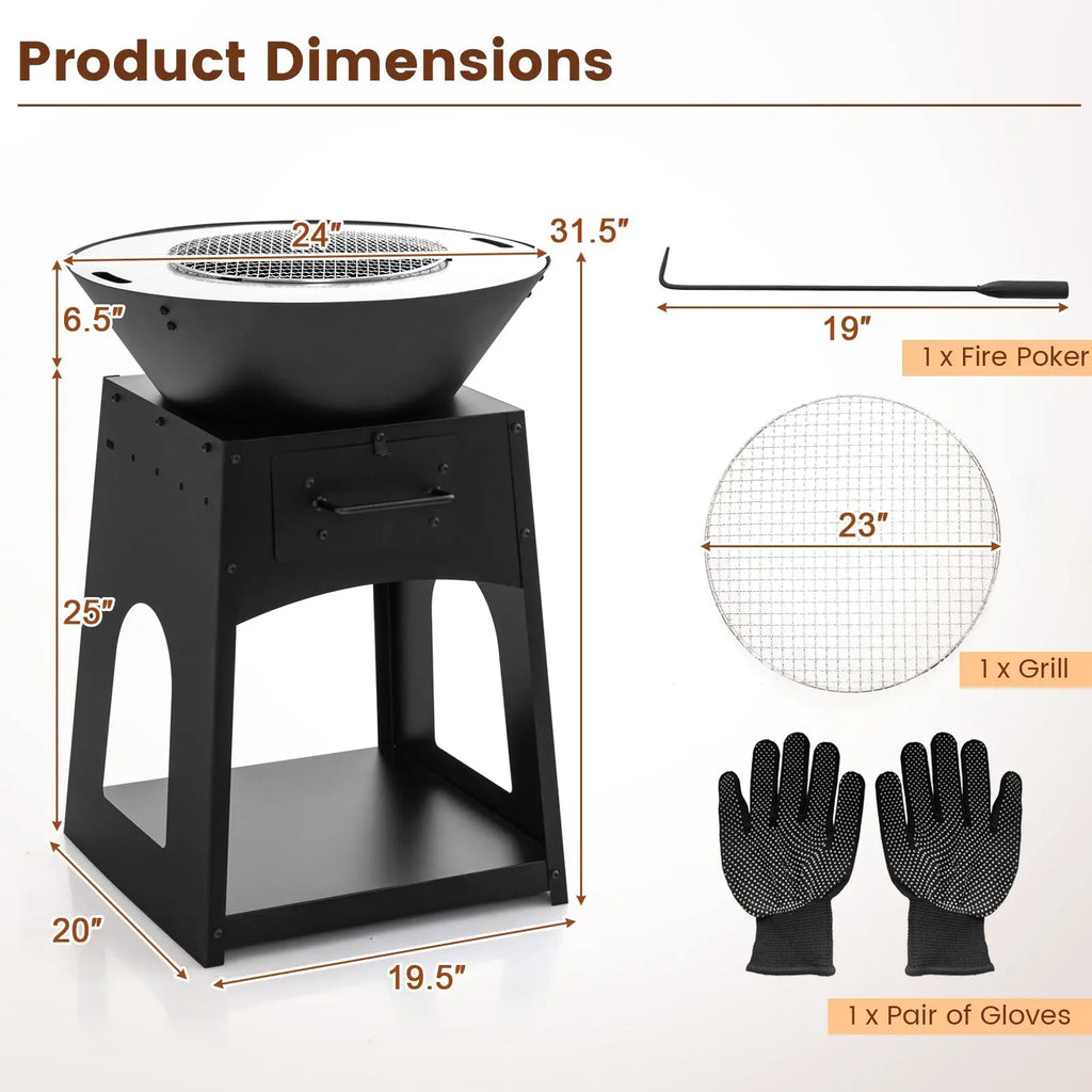 Patio Fire Pit with Firewood Log Rack with Grill and Ash Box-Black DirectDeals