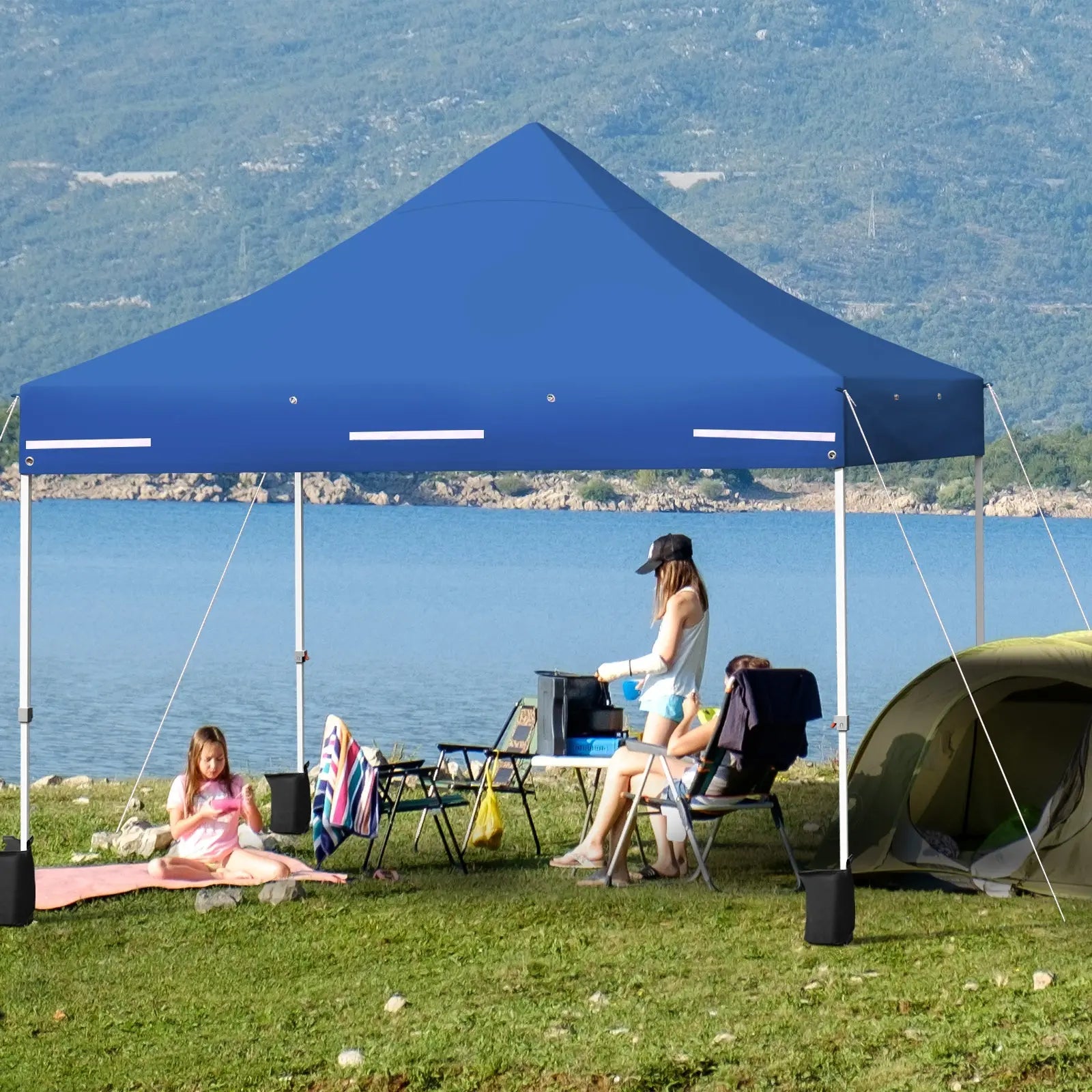 10 x 10 Feet Pop-up Gazebo with 5 Removable Zippered Sidewalls and Extended Awning-Blue DirectDeals