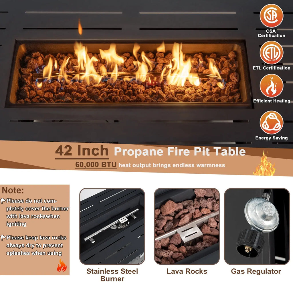 42 Inch 60 000 BTU Rectangular Propane Fire Pit Table with Waterproof Cover DirectDeals