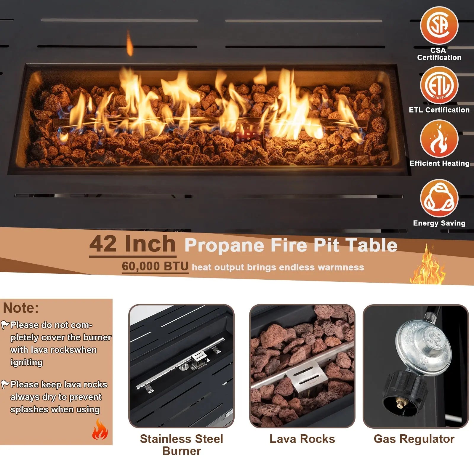 42 Inch 60 000 BTU Rectangular Propane Fire Pit Table with Waterproof Cover DirectDeals