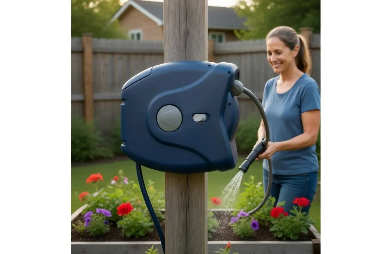 Sunneday Retractable Hose Reel | Auto Rewind | 180° Swivel Wall Mount | 100ft 5/8" & 130ft 1/2" | Charcoal & Off White - Sunneday LLC