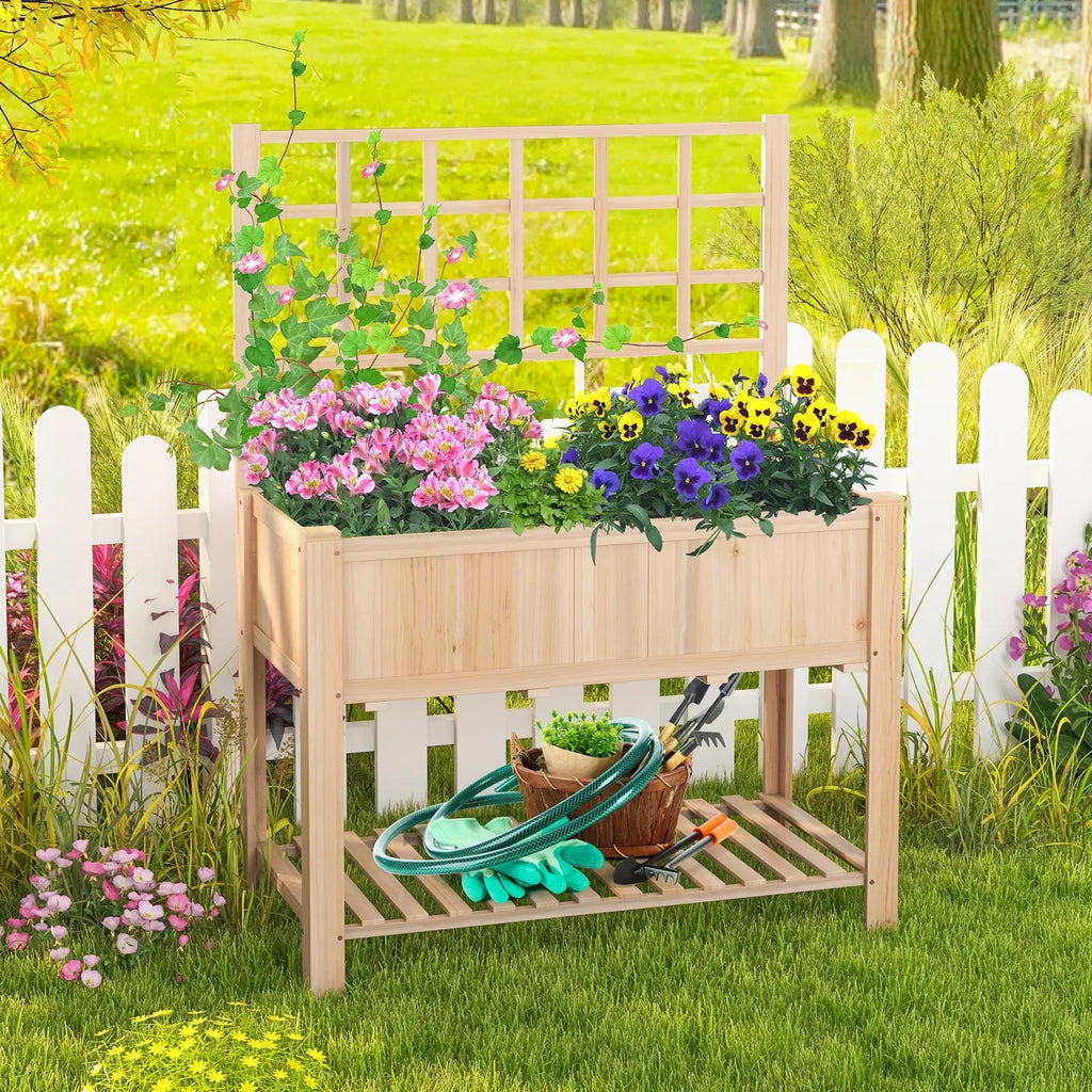 Raised Garden Bed Elevated Wooden Planter Box with Trellis DirectDeals