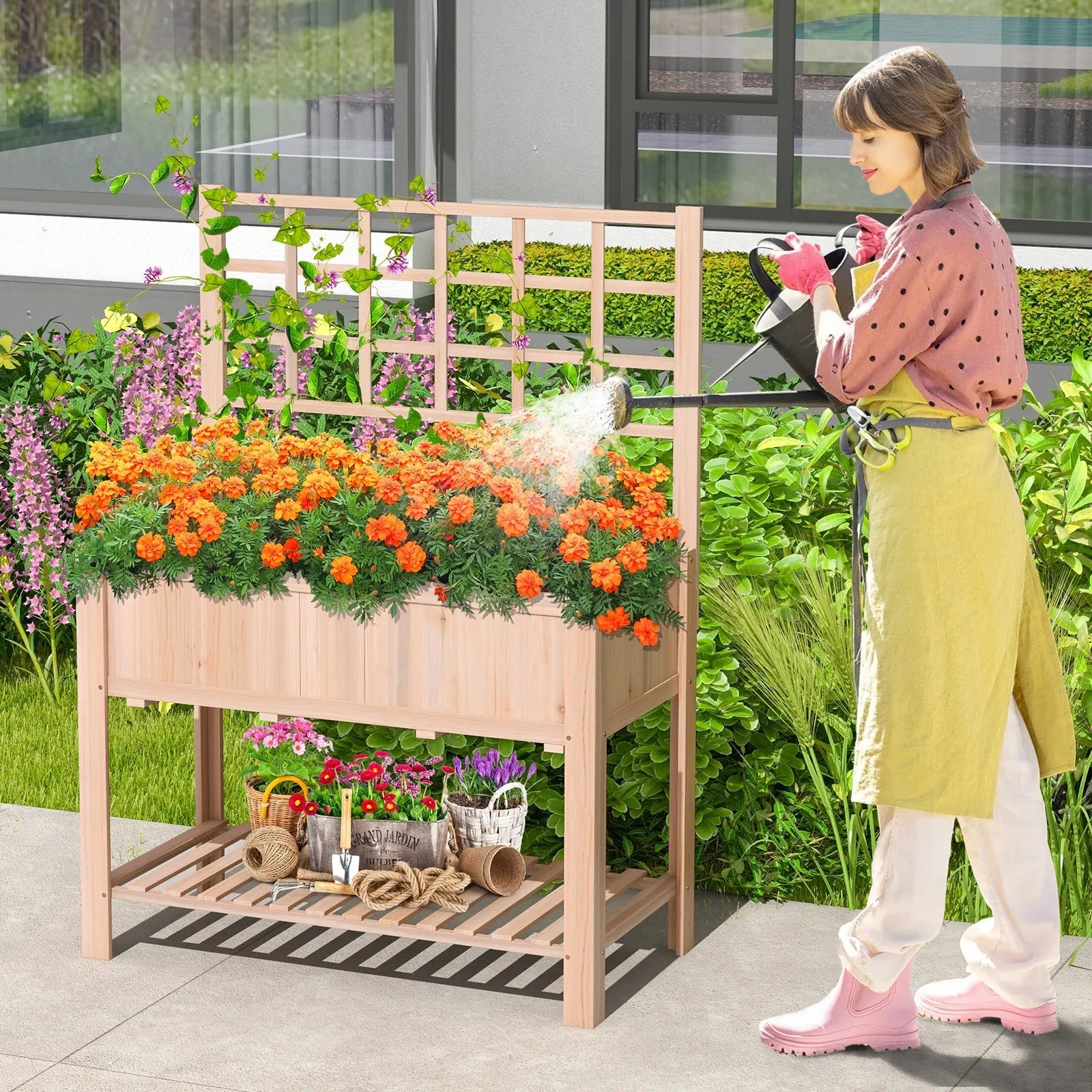 Raised Garden Bed Elevated Wooden Planter Box with Trellis DirectDeals