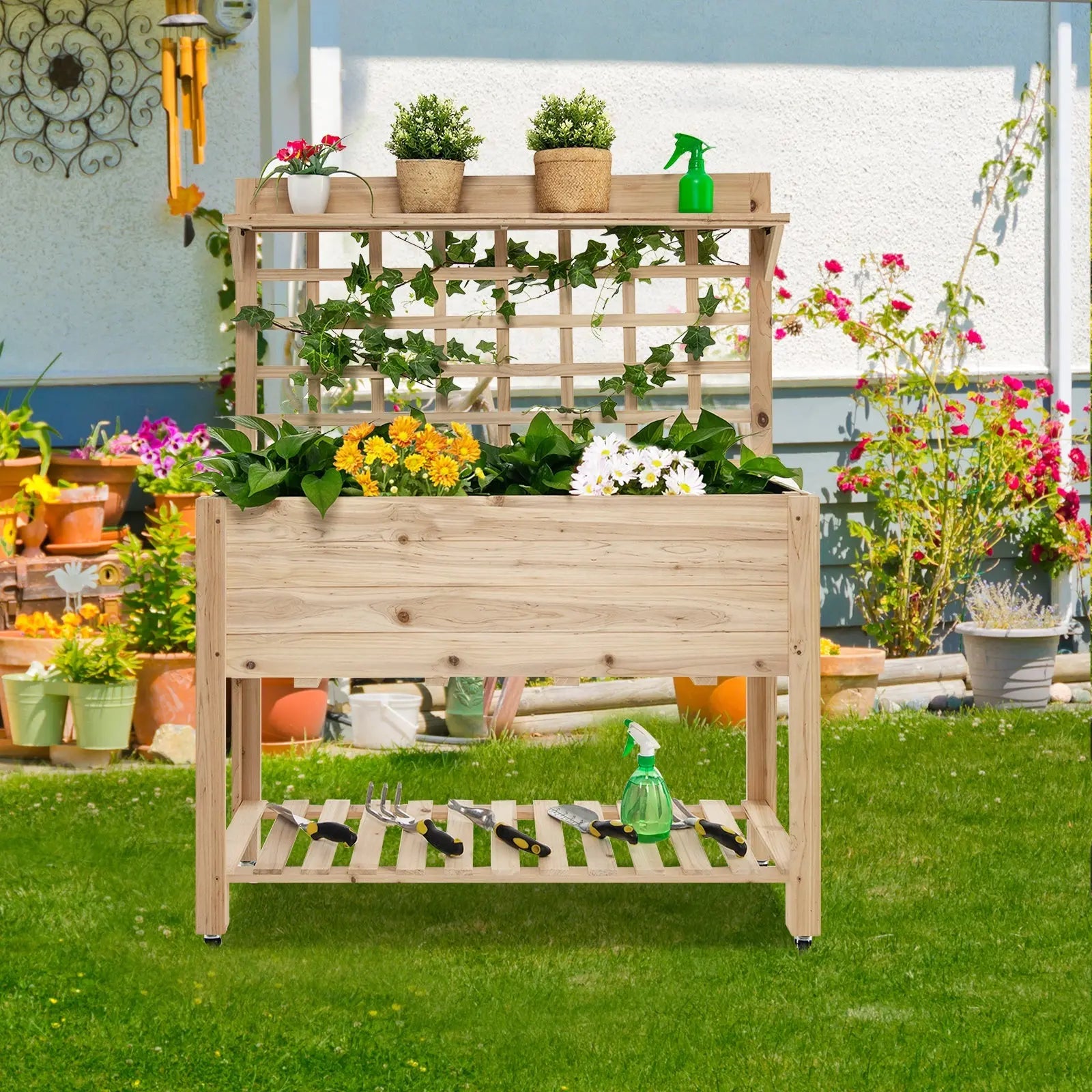 Wooden Raised Garden Bed with Wheels Trellis and Storage Shelf DirectDeals