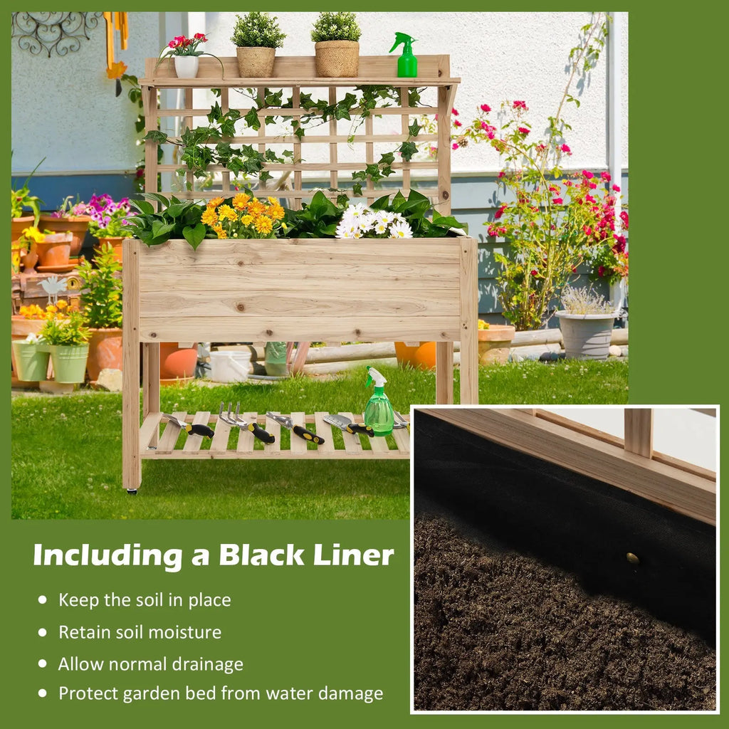 Wooden Raised Garden Bed with Wheels Trellis and Storage Shelf DirectDeals