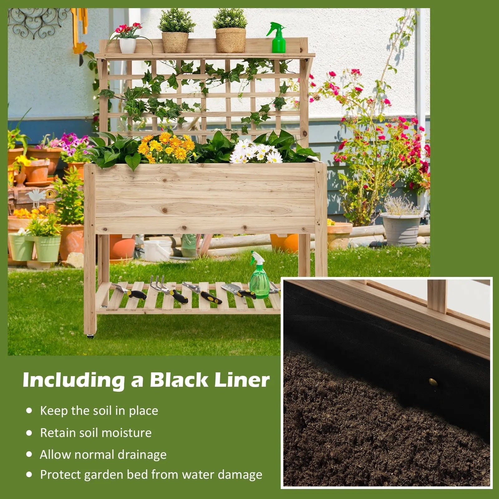 Wooden Raised Garden Bed with Wheels Trellis and Storage Shelf DirectDeals