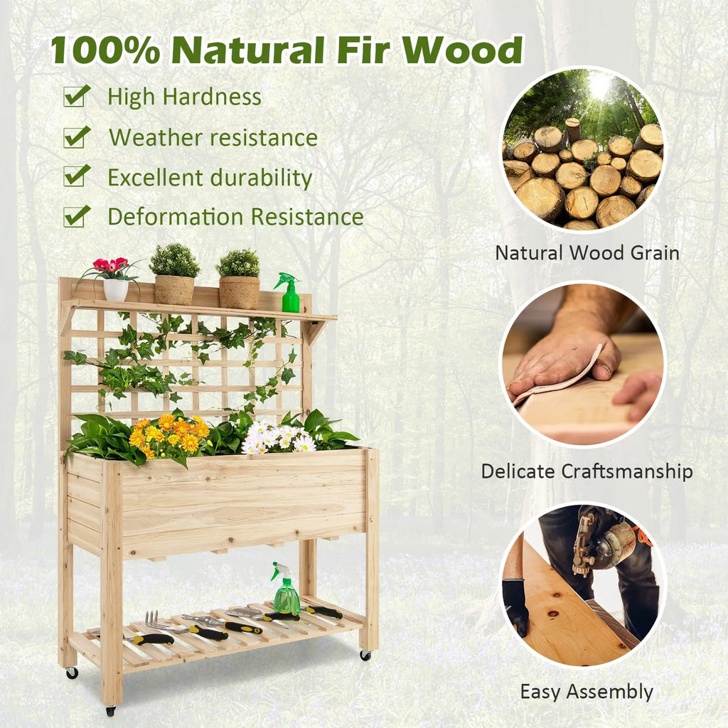 Wooden Raised Garden Bed with Wheels Trellis and Storage Shelf DirectDeals