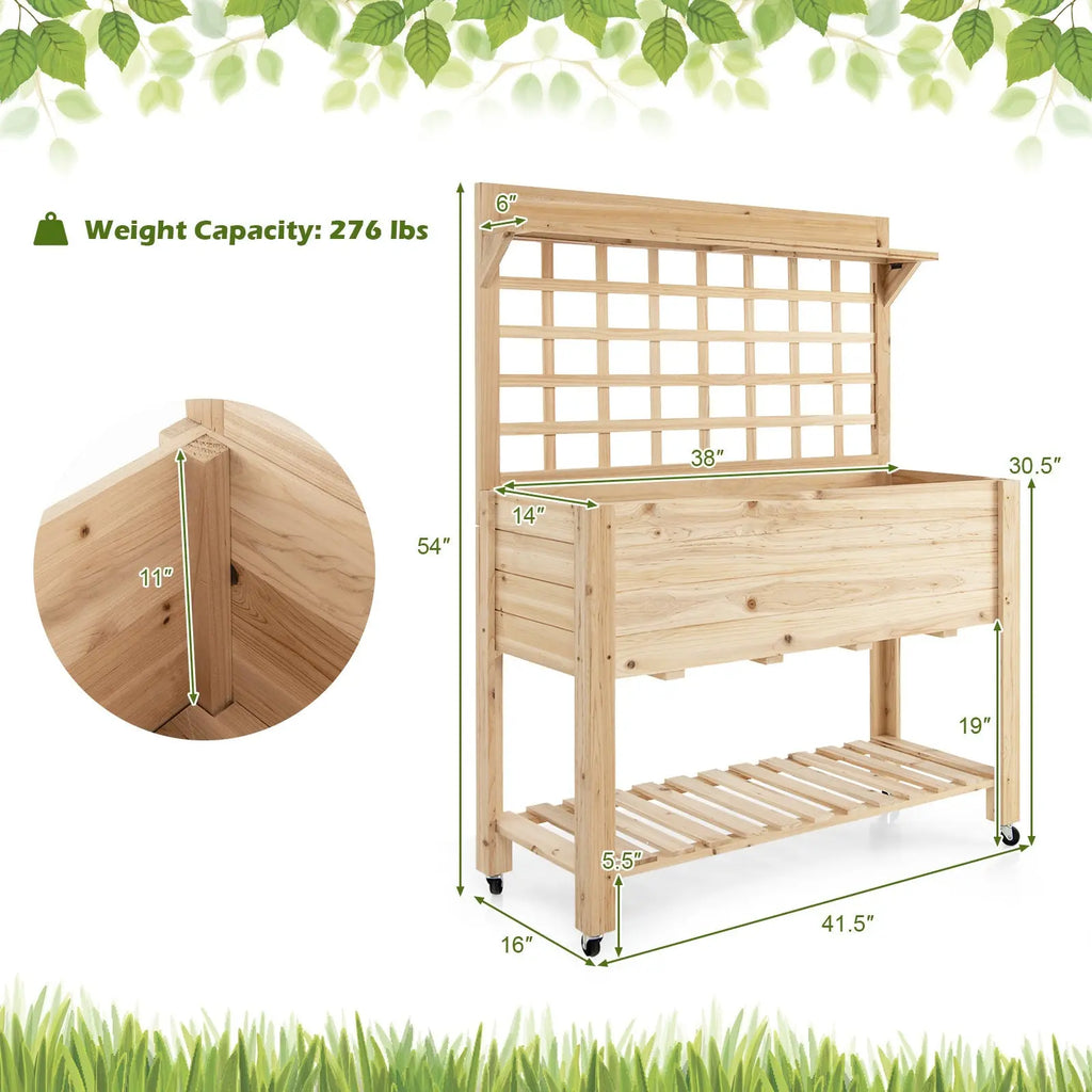 Wooden Raised Garden Bed with Wheels Trellis and Storage Shelf DirectDeals