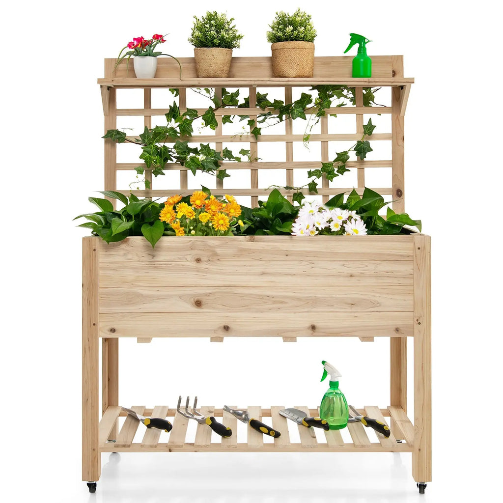 Wooden Raised Garden Bed with Wheels Trellis and Storage Shelf DirectDeals