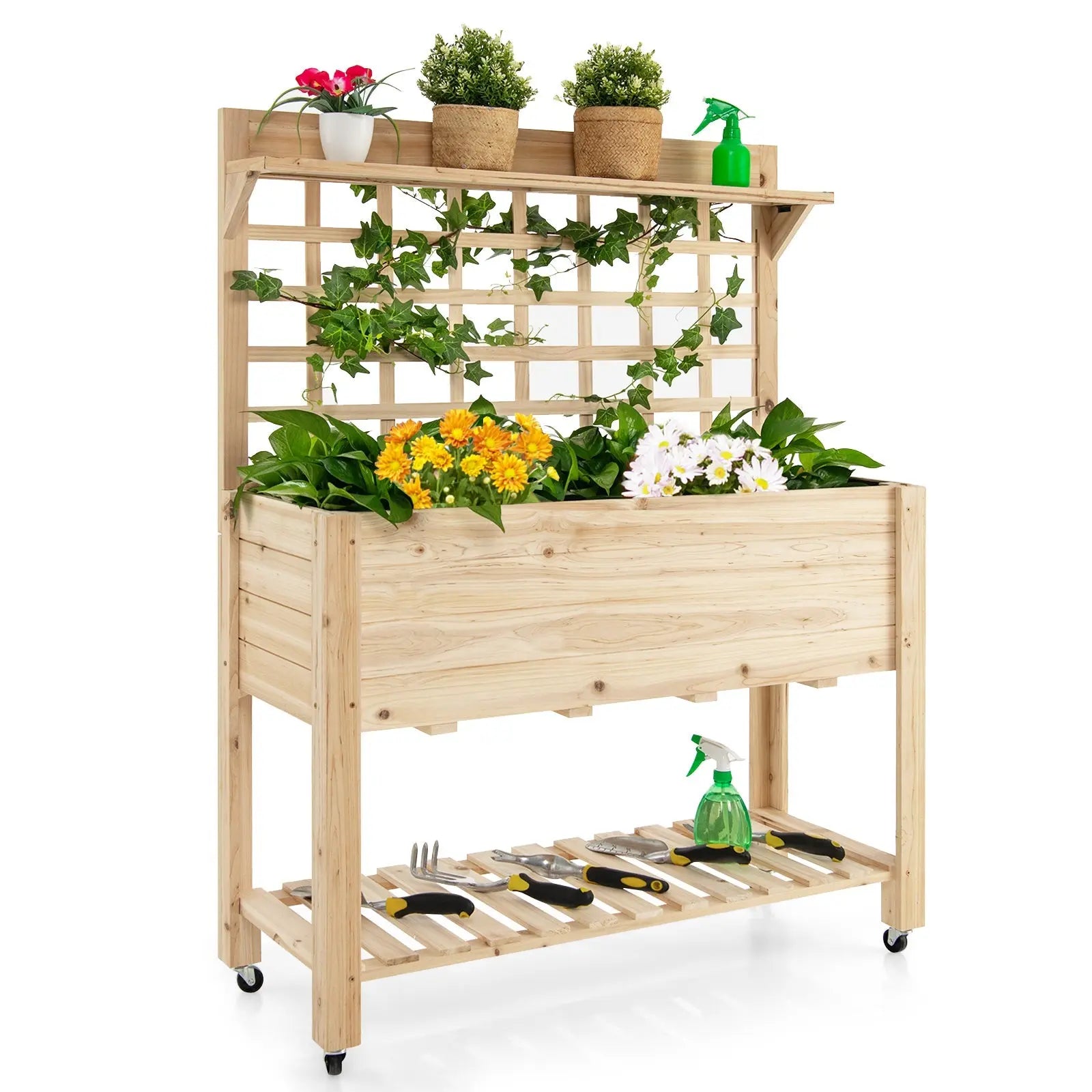 Wooden Raised Garden Bed with Wheels Trellis and Storage Shelf DirectDeals
