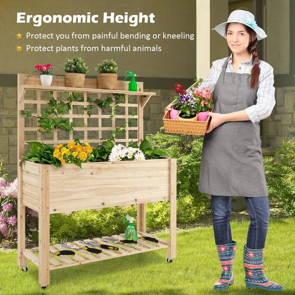 Wooden Raised Garden Bed with Wheels Trellis and Storage Shelf DirectDeals