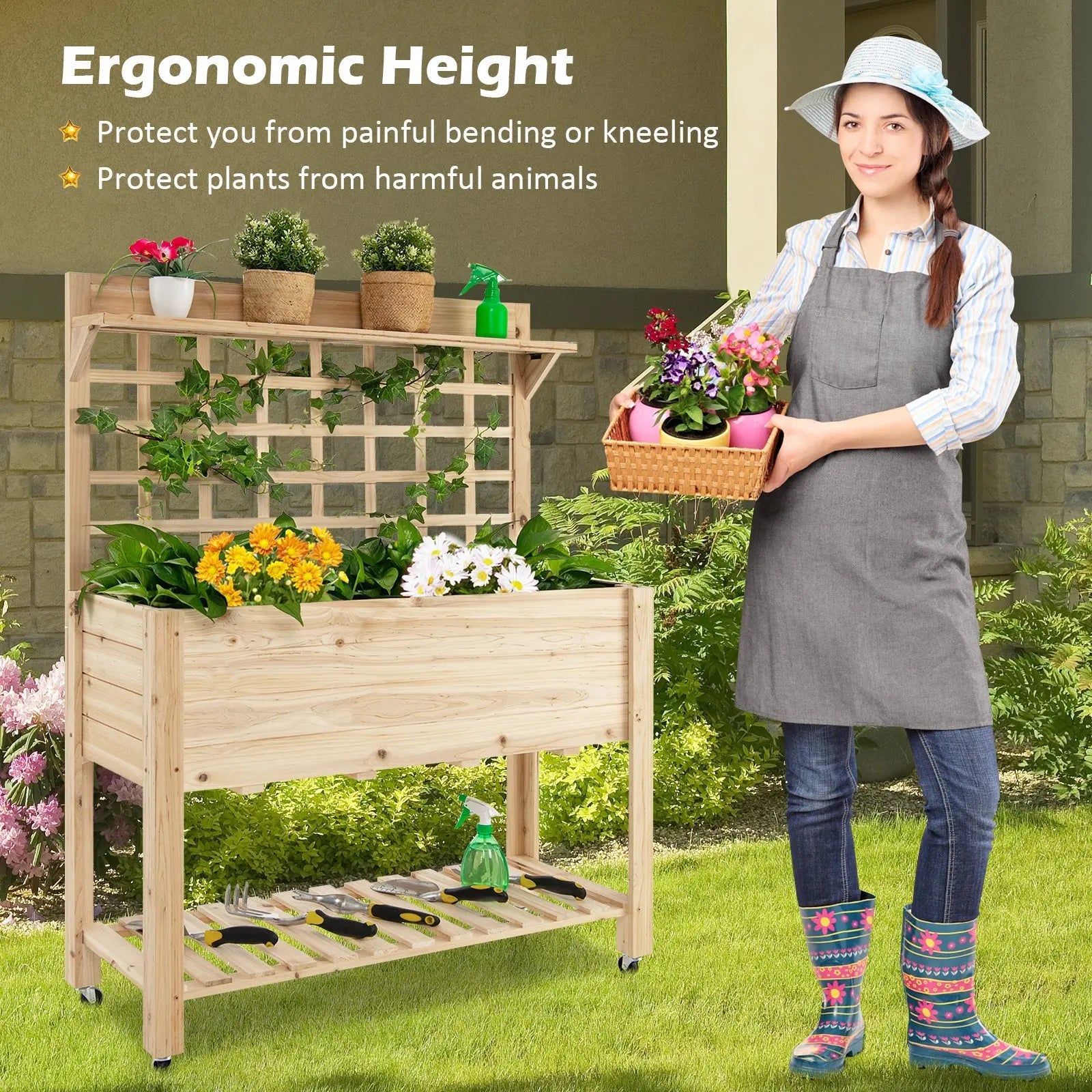 Wooden Raised Garden Bed with Wheels Trellis and Storage Shelf DirectDeals