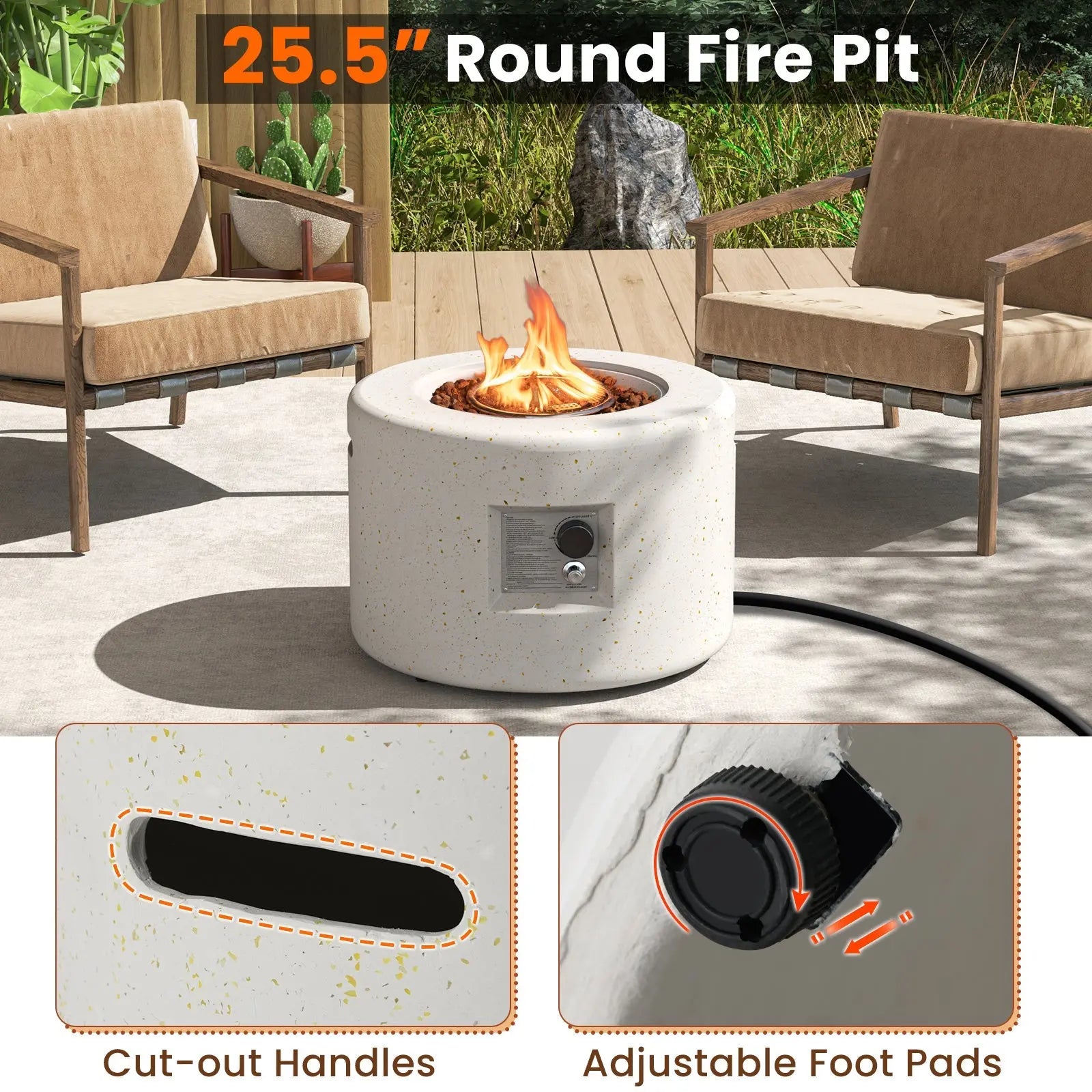 Round Terrazzo Propane Gas Fire Pit with Hideaway Tank Holder and Lava Rocks DirectDeals
