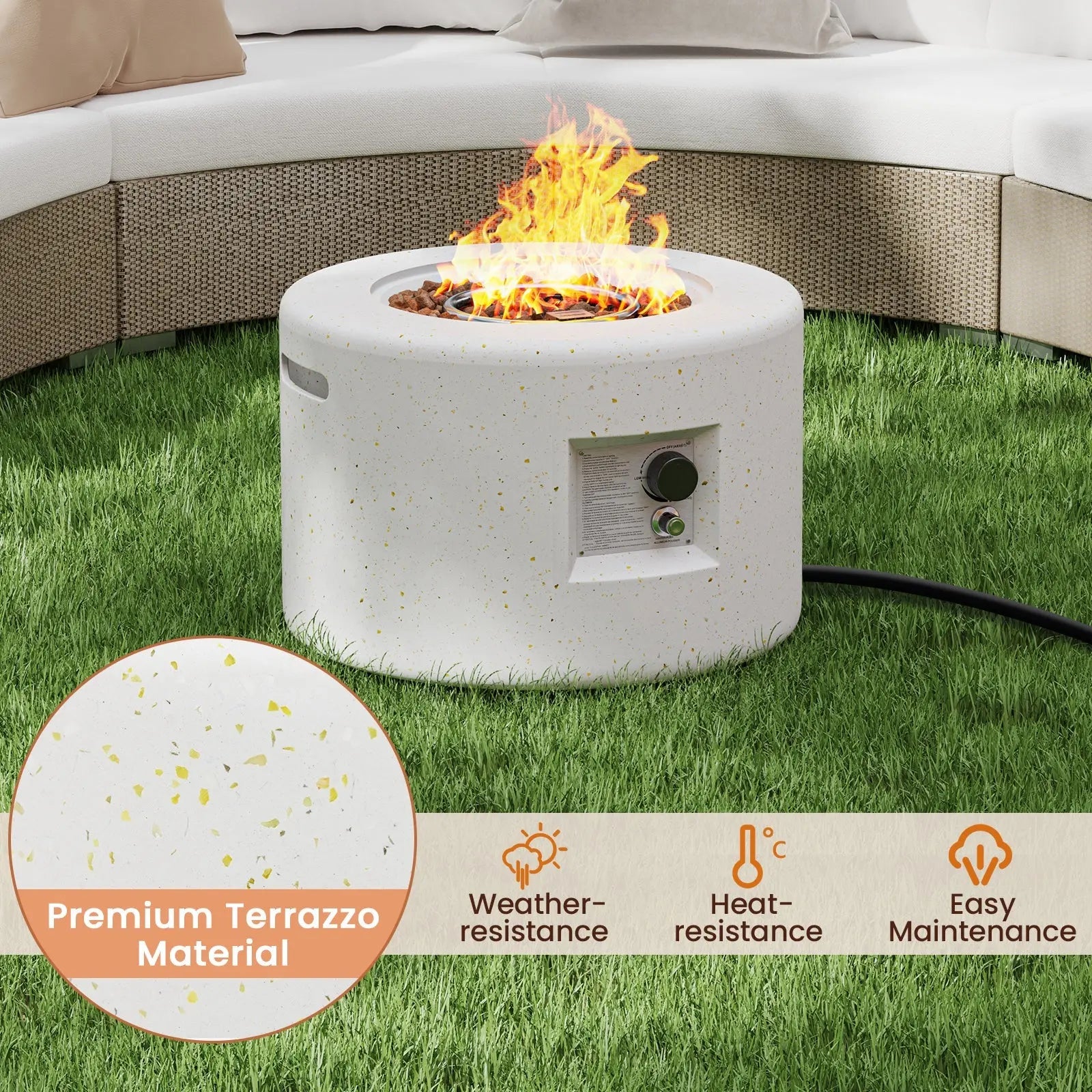 Round Terrazzo Propane Gas Fire Pit with Hideaway Tank Holder and Lava Rocks DirectDeals