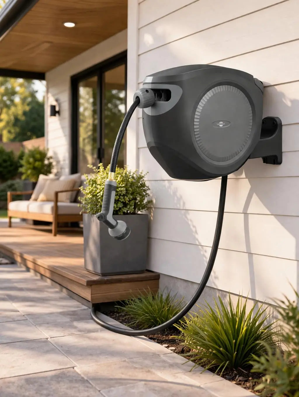 Sunneday Retractable Hose Reel | 75 ft 1/2" | Auto Rewind | 180° Swivel Wall Mount | Multi-Pattern Nozzle | Black/Gray - Sunneday LLC