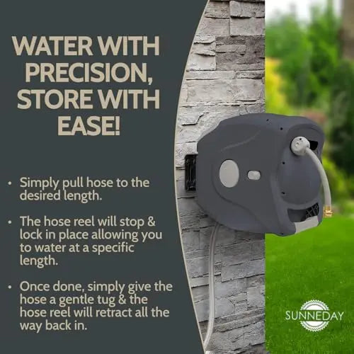 Sunneday Retractable Hose Reel | Auto Rewind | 180° Swivel Wall Mount | 100ft 5/8" & 130ft 1/2" | Charcoal & Off White - Sunneday LLC