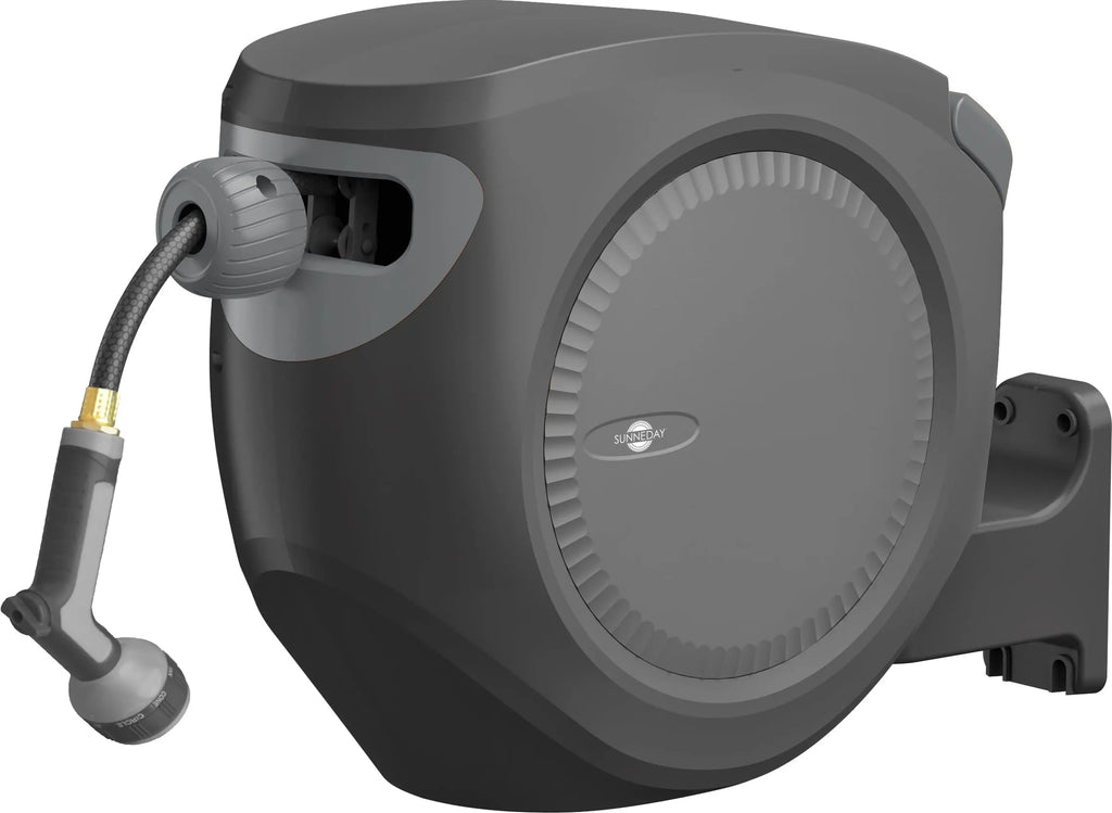 Sunneday Retractable Hose Reel | 75 ft 1/2" | Auto Rewind | 180° Swivel Wall Mount | Multi-Pattern Nozzle | Black/Gray - Sunneday LLC