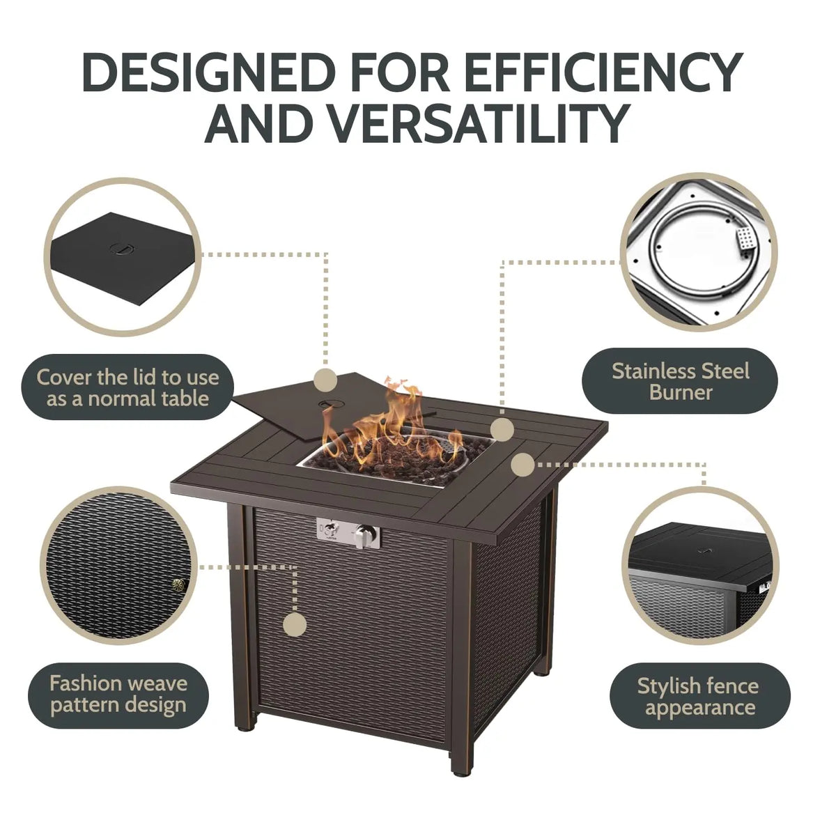 Propane Gas Fire Pit Table 30" | Outdoor Propane Fire Pit Tables for Outside Patio 50000 BTU | CSA Approved Rectangular Fire Pit Table | Balcony, Backyard & Garden Outdoor Firepit Table Sunneday