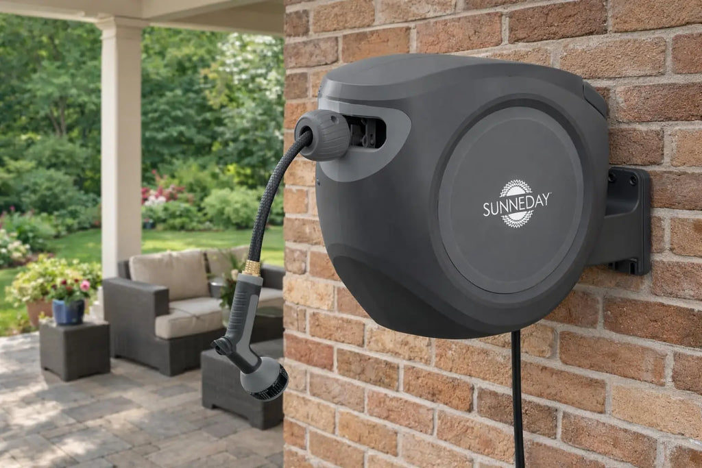 Sunneday Retractable Hose Reel | 100 ft | Auto Rewind | 180° Swivel Wall Mount | Black/Gray | 1/2" & 5/8" - Sunneday LLC