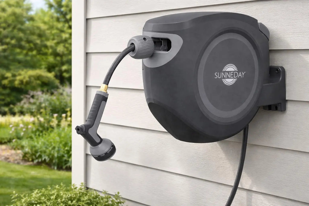 Sunneday Retractable Hose Reel | 100 ft | Auto Rewind | 180° Swivel Wall Mount | Black/Gray | 1/2" & 5/8" - Sunneday LLC