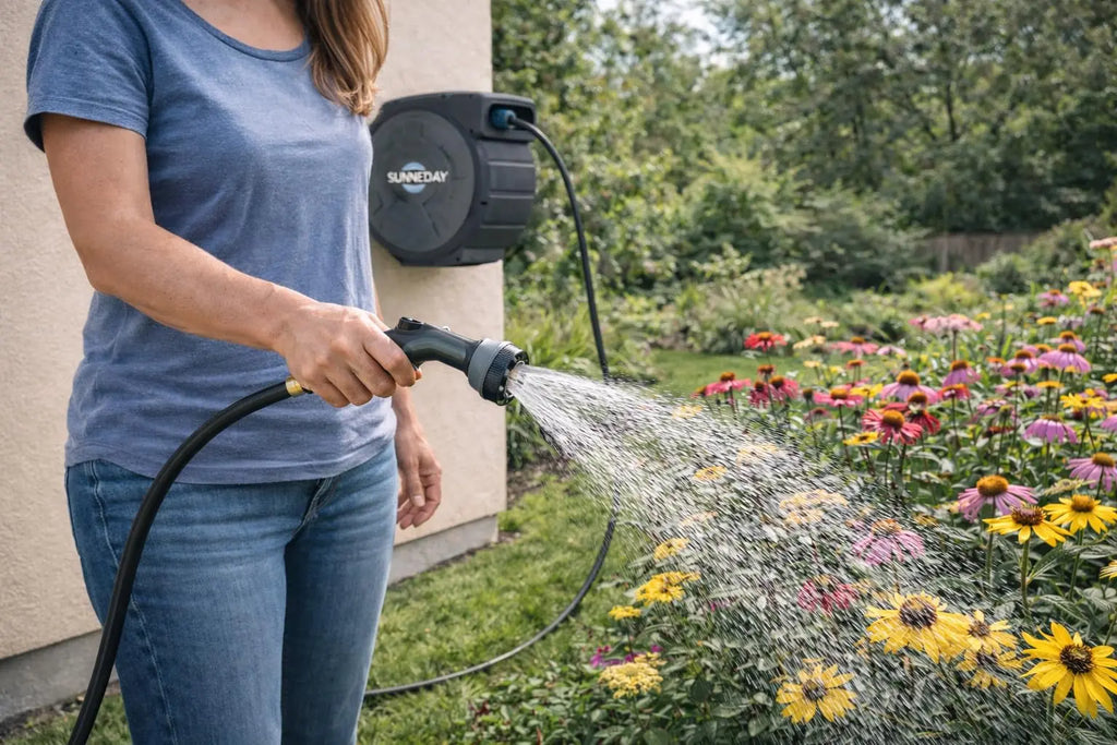 Sunneday Retractable Hose Reel | Automatic Retractable Hose Reel w/Wall Mount | Easy to Assemble Water Hose Reel w/Flexible Swivel Mount | Retractable Garden Hose Reel (100ft. 5/8", 100ft. 1/2", 75ft. 1/2"Gray/Dark Grey) Sunneday