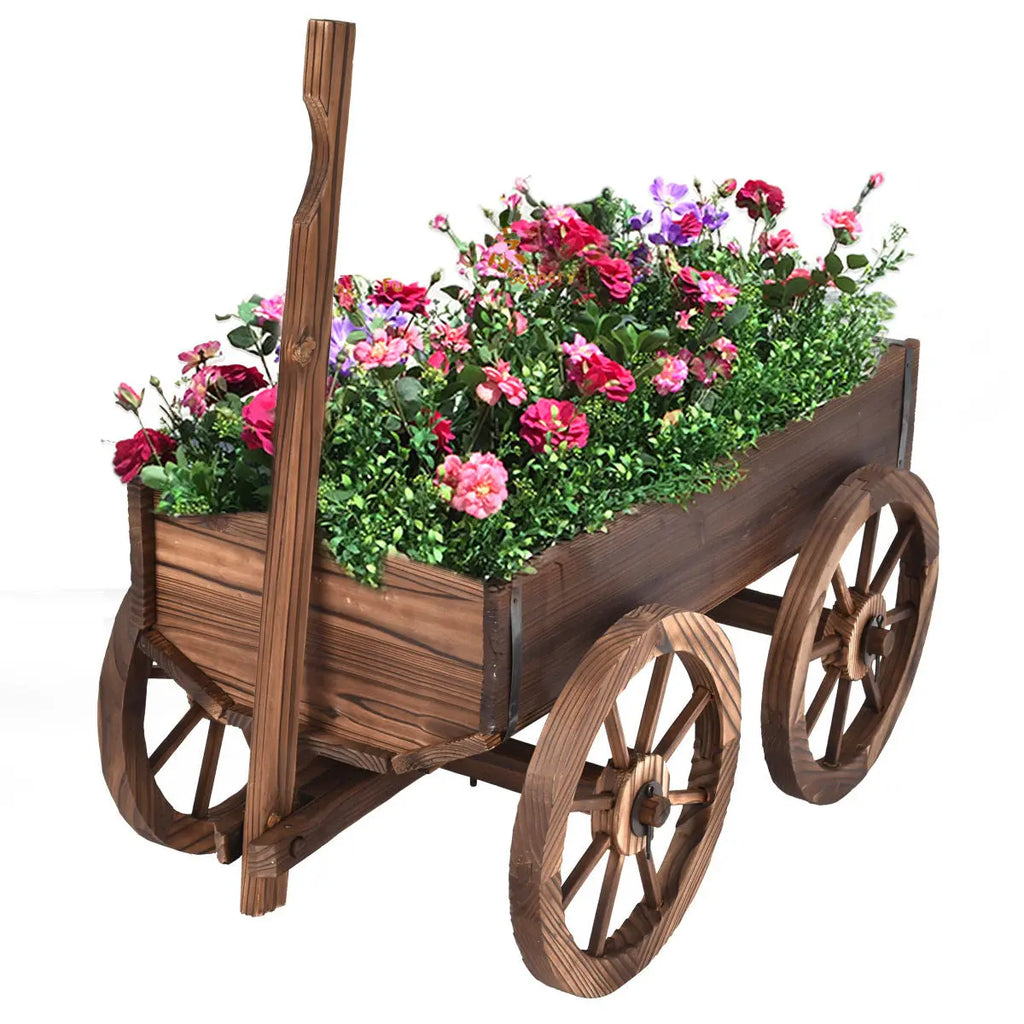 Wood Wagon Planter Pot Stand with Wheels DirectDeals
