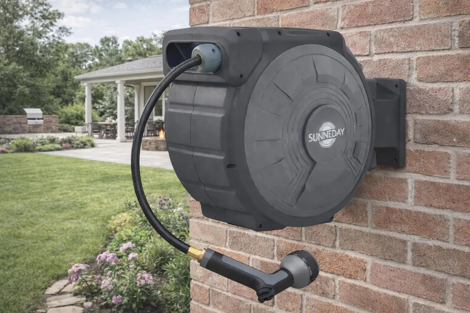 Sunneday Retractable Hose Reel | Automatic Retractable Hose Reel w/Wall Mount | Easy to Assemble Water Hose Reel w/Flexible Swivel Mount | Retractable Garden Hose Reel (100ft. 5/8", 100ft. 1/2", 75ft. 1/2"Gray/Dark Grey) Sunneday