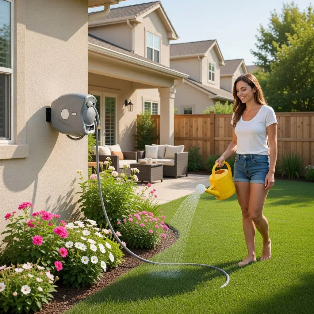 Sunneday Retractable Hose Reel | Auto Rewind | 180° Swivel Wall Mount | 100ft 5/8" & 130ft 1/2" | Charcoal & Off White - Sunneday LLC