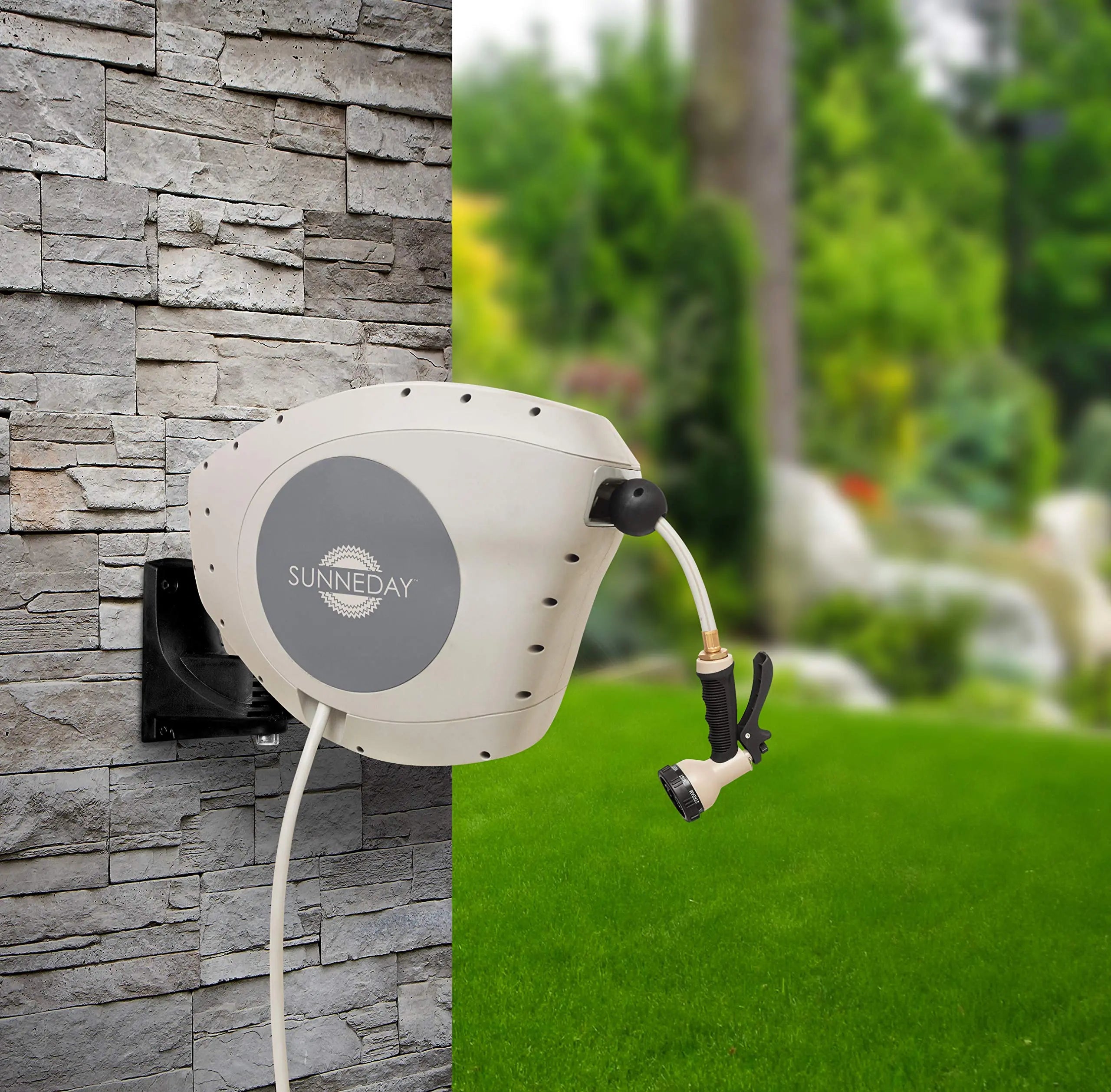 Sunneday Retractable Hose Reel 1/2" | Auto Rewind | 180° Swivel Wall Mount | Tan/Gray | 65, 82 & 100 ft - Sunneday LLC