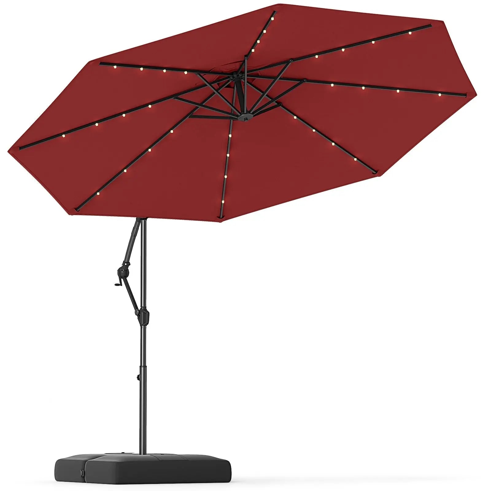 10 Feet Solar Offset Hanging Umbrella with Base and 32 LED Lights-Wine DirectDeals